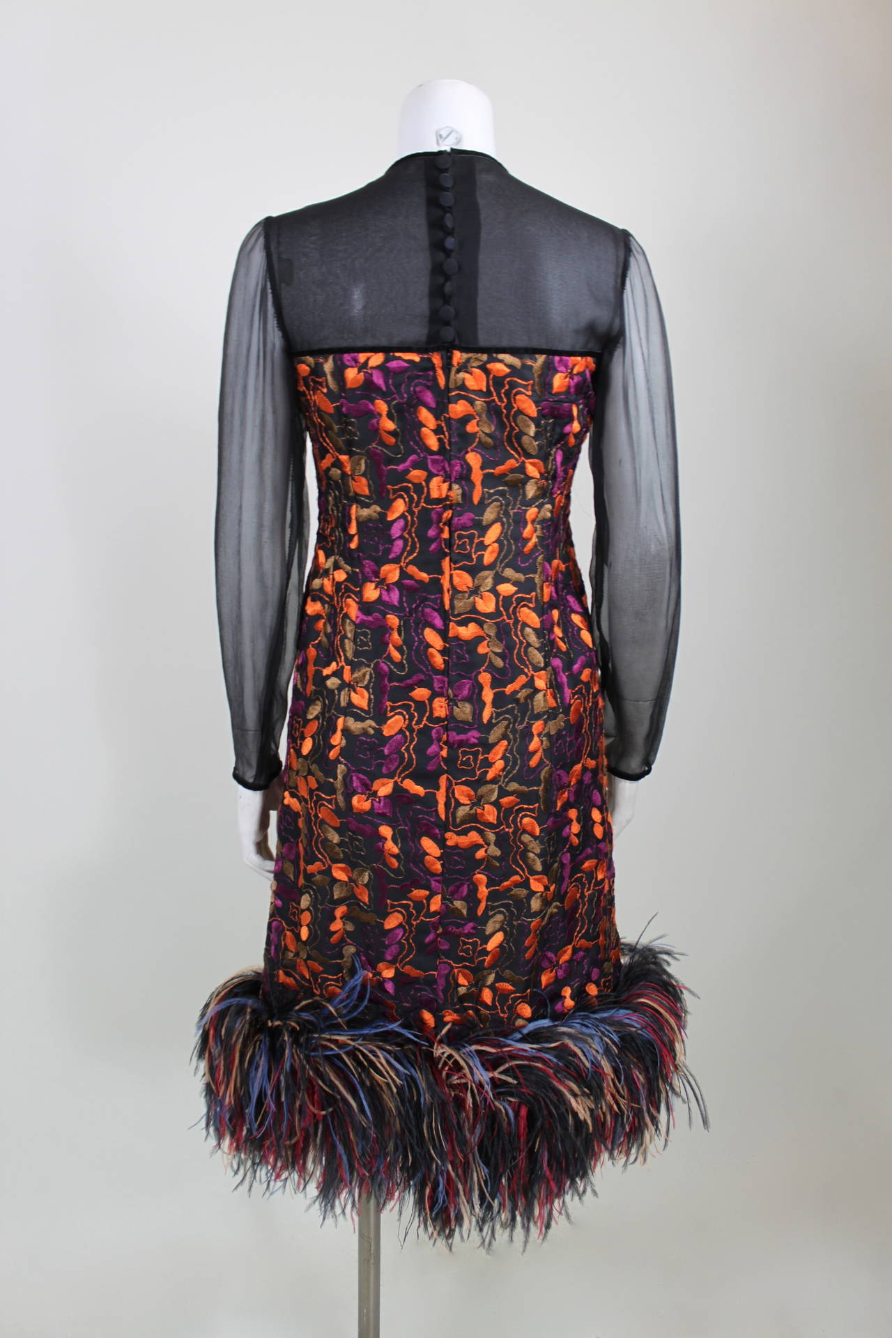 Women's Fabulous Embroidered Cocktail Dress with Rainbow Ostrich Feather Trim For Sale