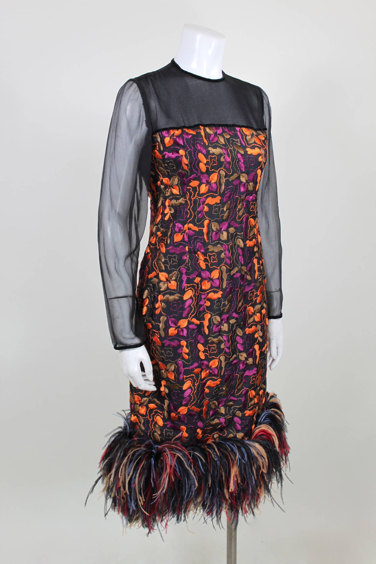 Fabulous Embroidered Cocktail Dress with Rainbow Ostrich Feather Trim For Sale 2