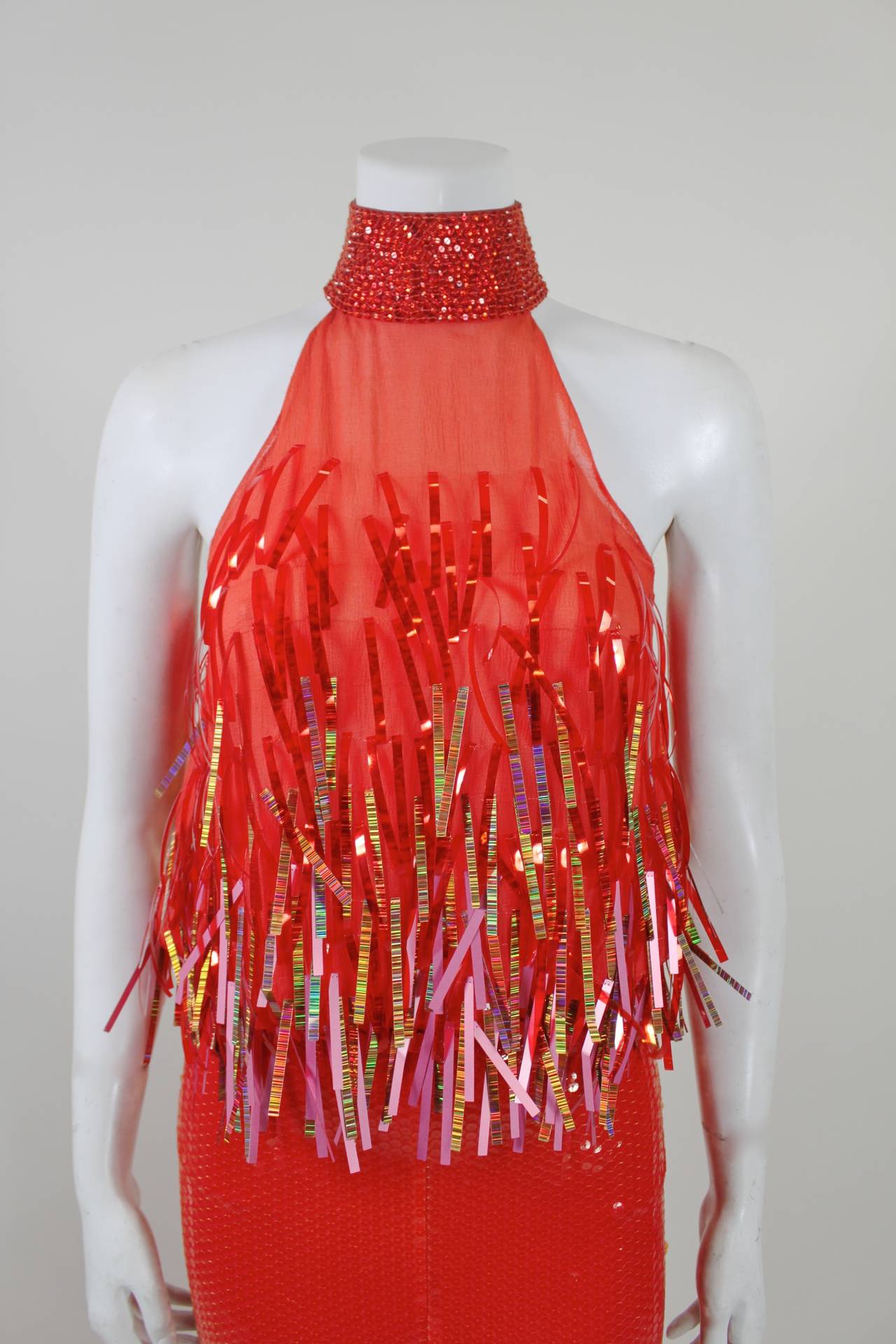 Red 1990s Fabulous Iridescent and Ombré Sequin Halter Gown For Sale