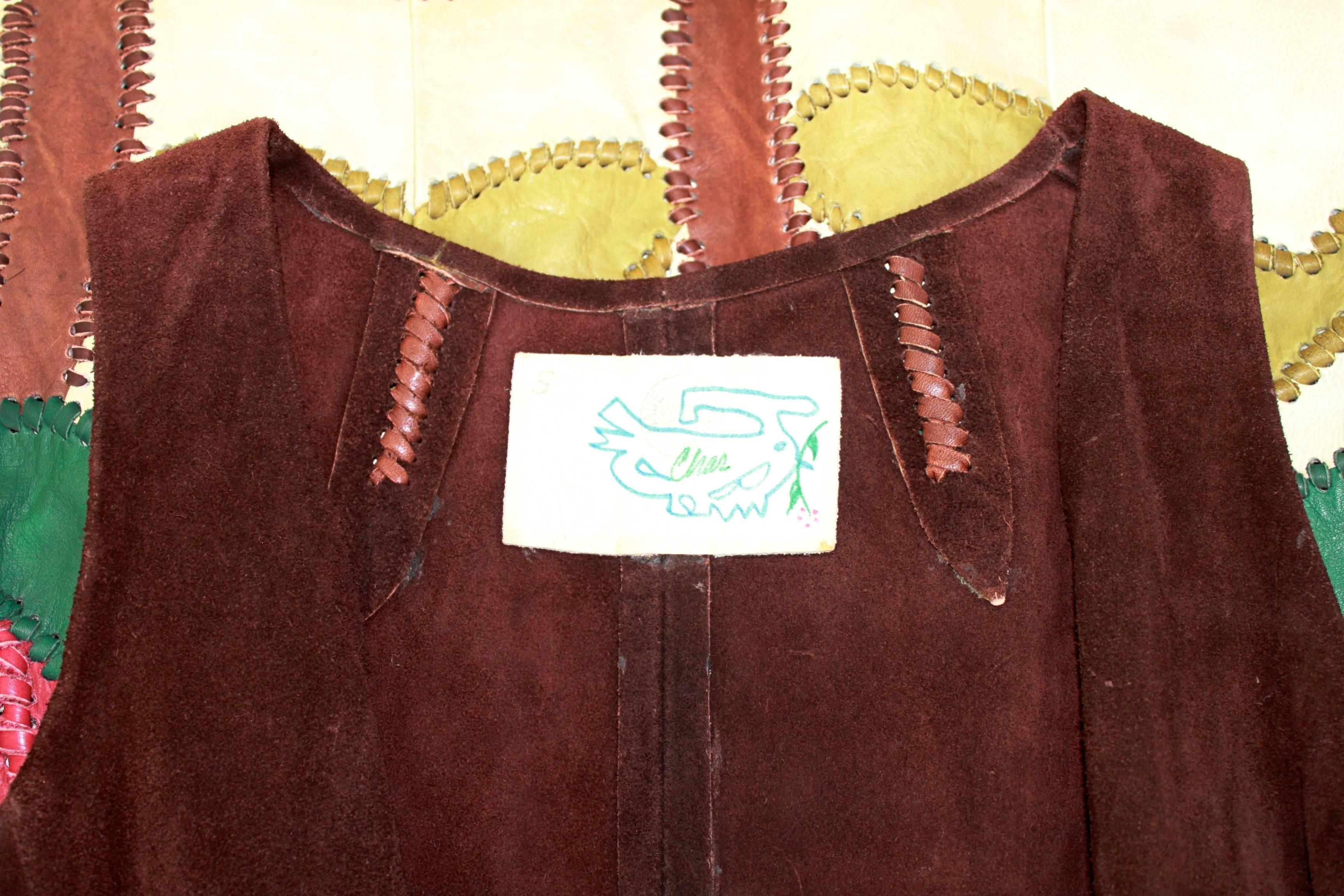 1970s Char Suede Vest with Patchwork Appliqué and Leather Binding 4