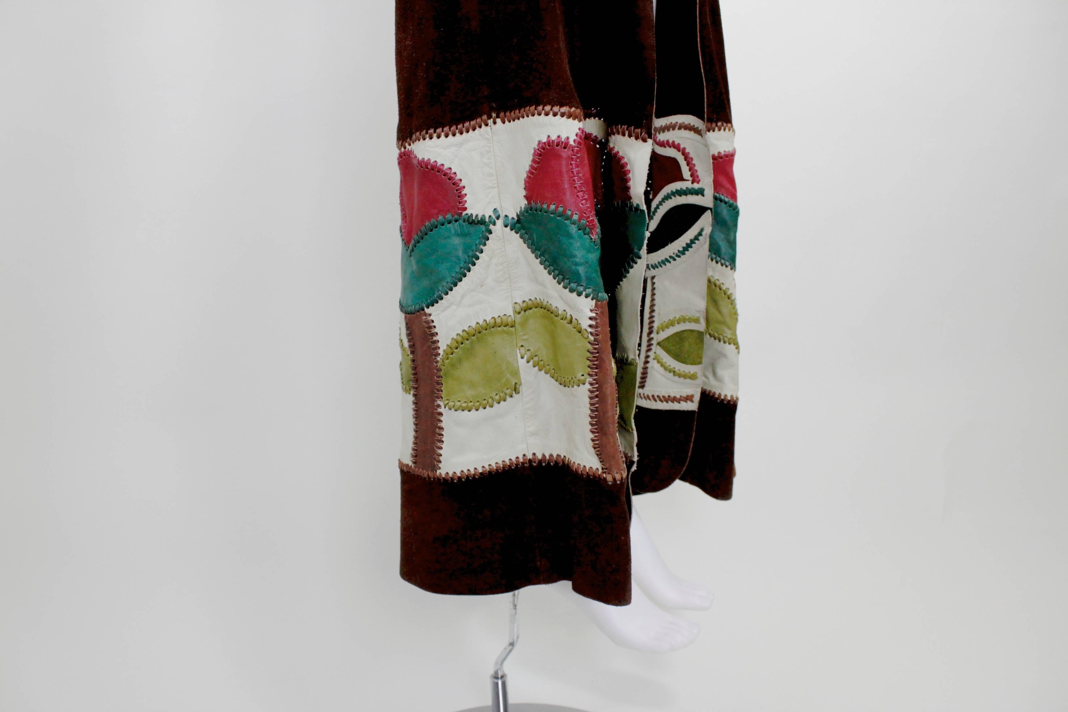 1970s Char Suede Vest with Patchwork Appliqué and Leather Binding 1