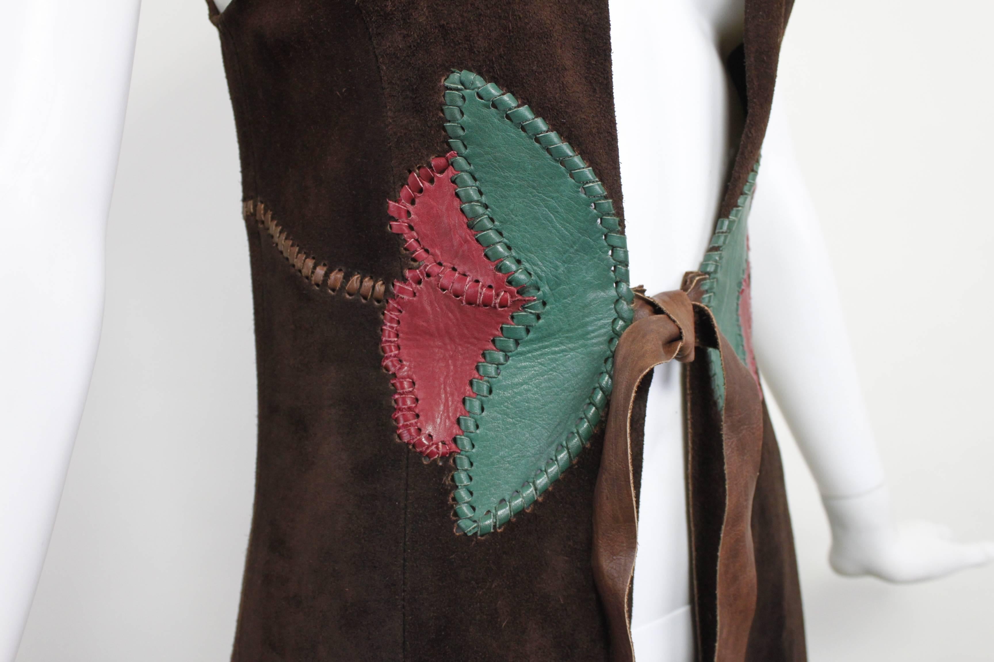 1970s Char Suede Vest with Patchwork Appliqué and Leather Binding 3