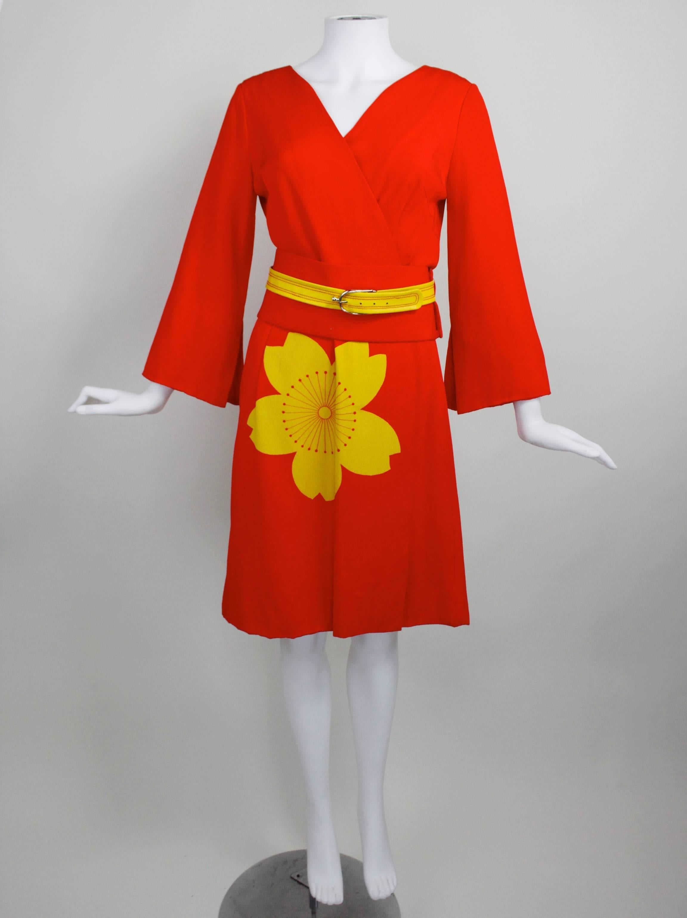 Red 1980s Hanae Mori Blossom Obi Cocktail Dress