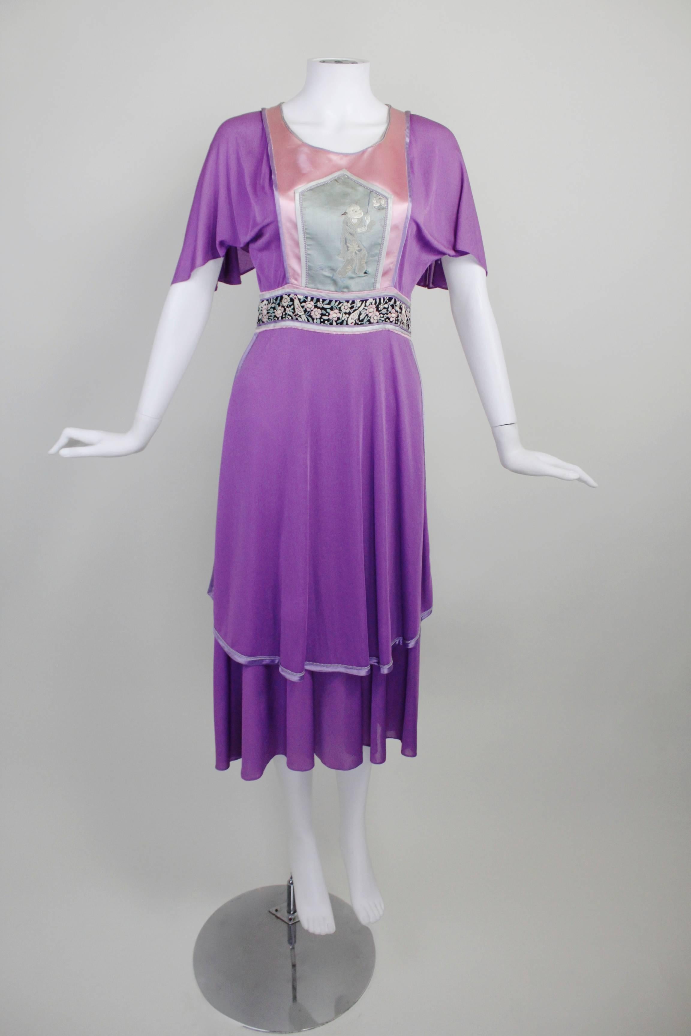 Purple 1970s Marisa Martin Chinoiserie Antique Appliqué Dress For Sale