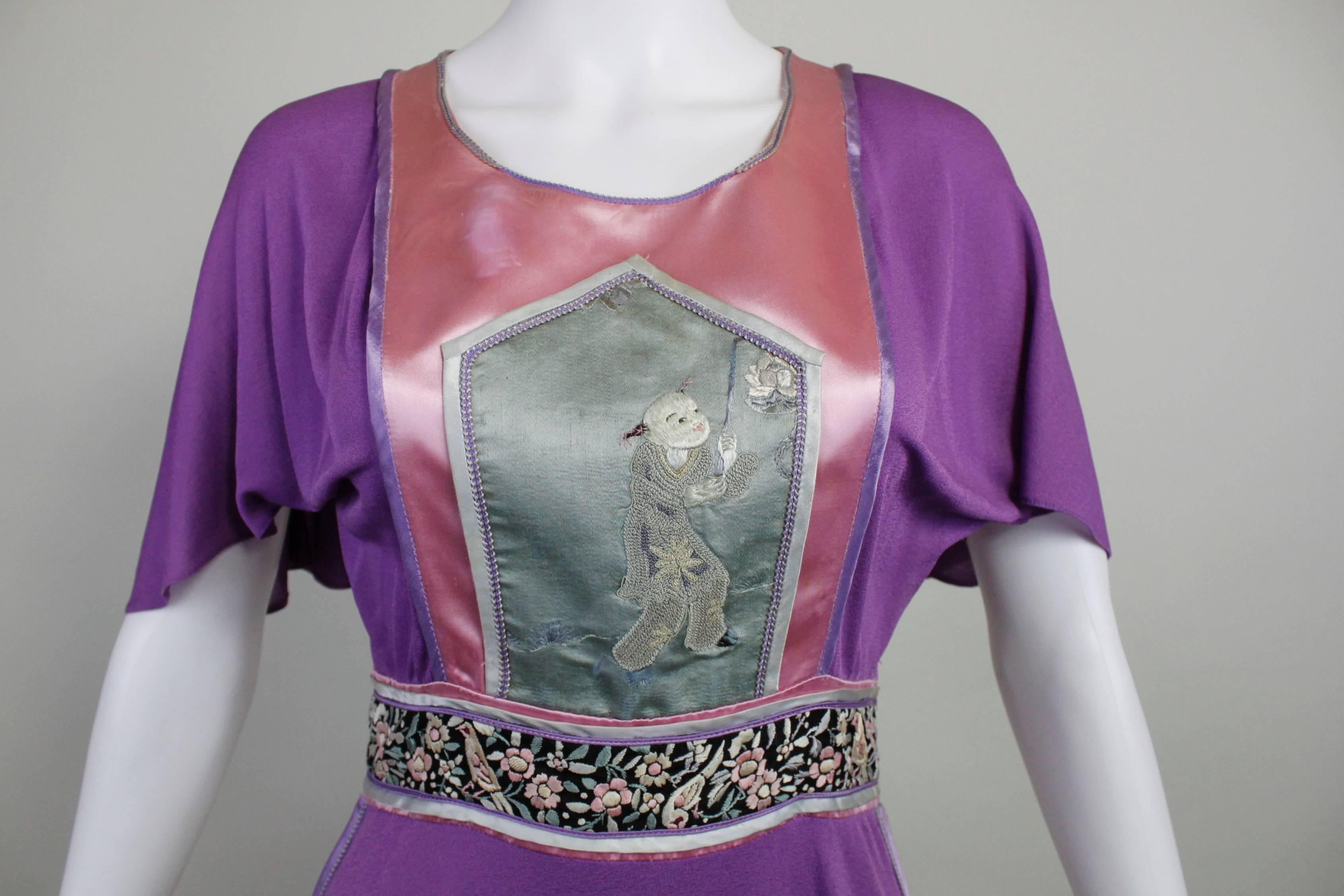 1970s Marisa Martin Chinoiserie Antique Appliqué Dress For Sale 3