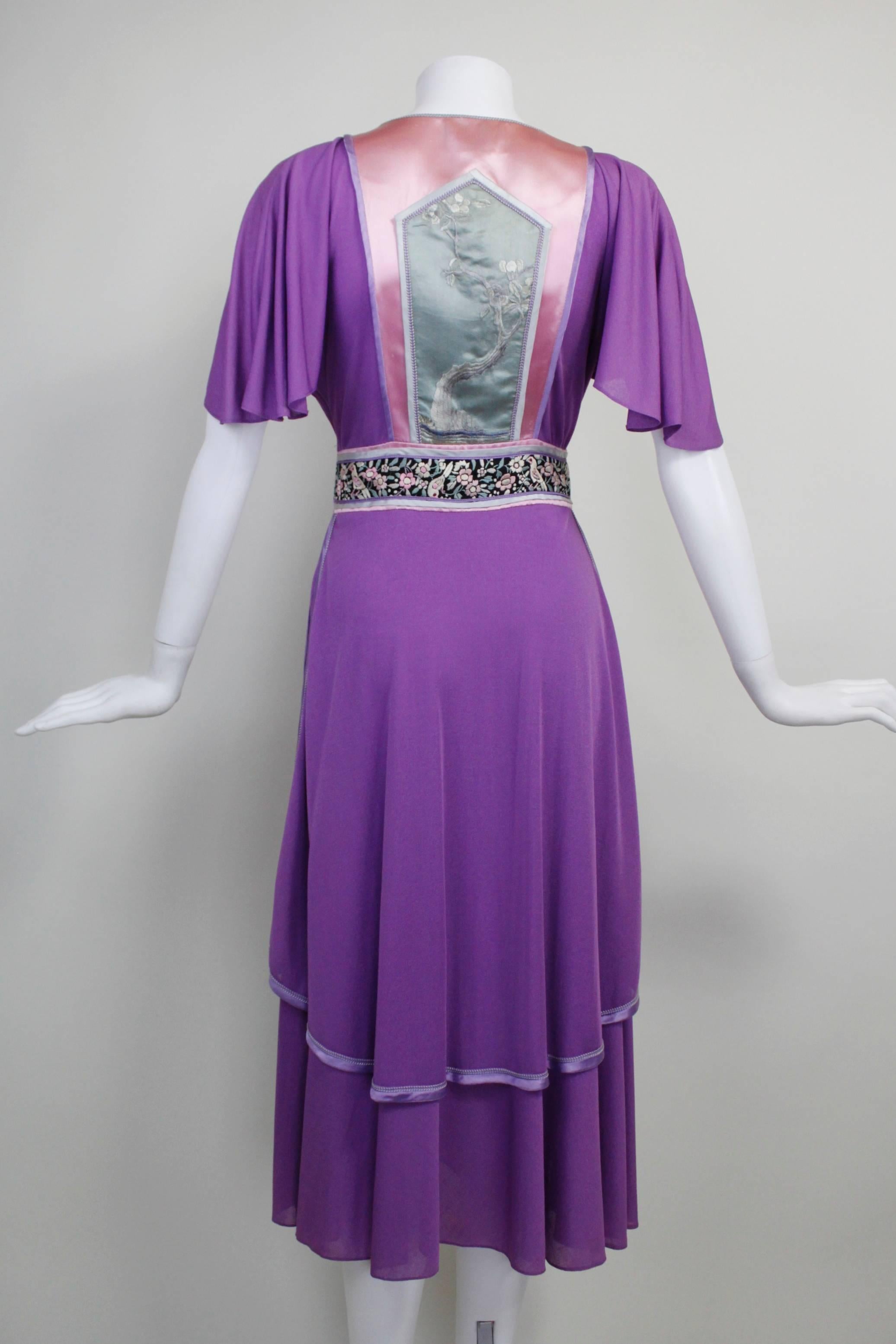 1970s Marisa Martin Chinoiserie Antique Appliqué Dress For Sale 2