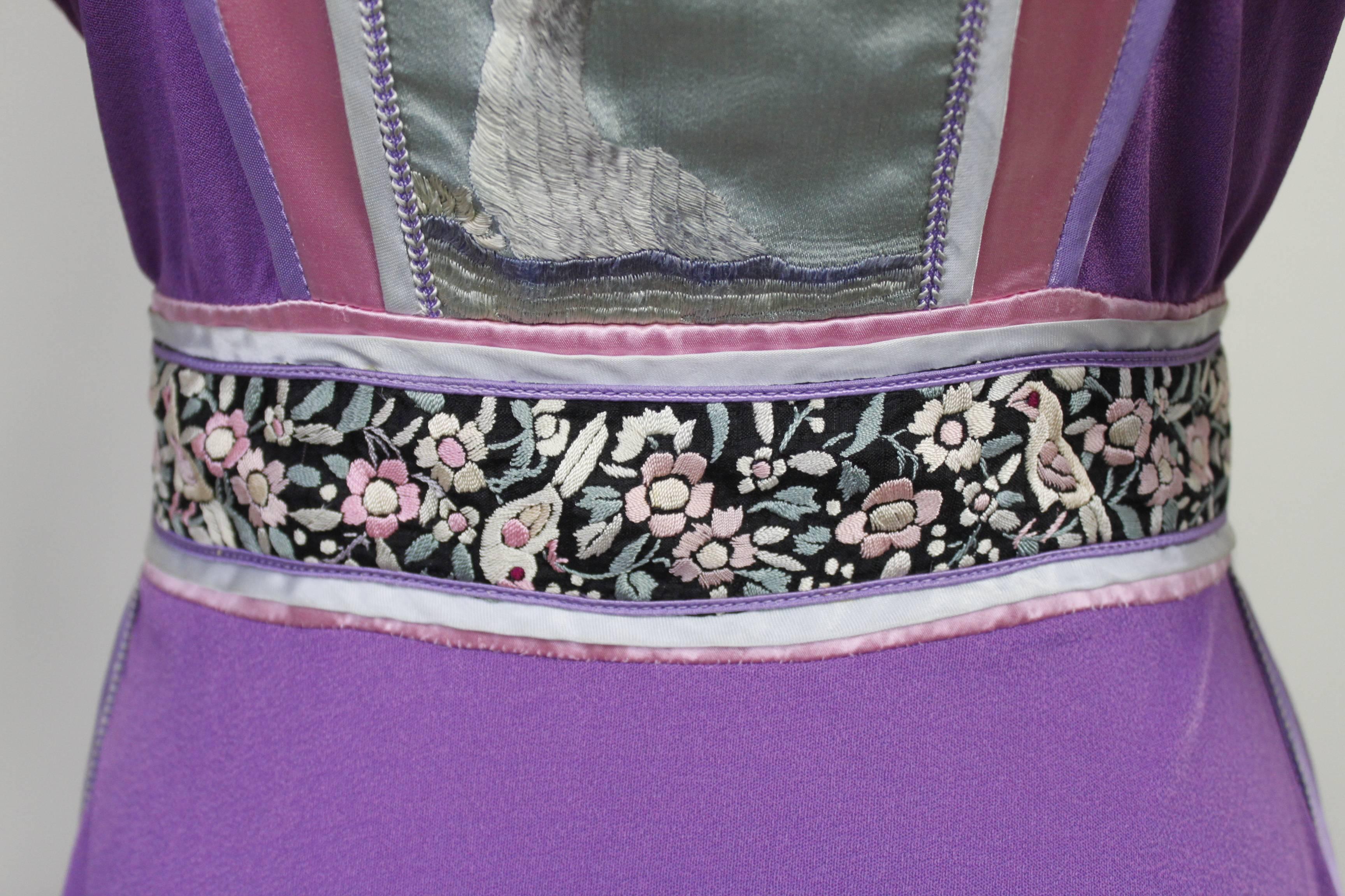 1970s Marisa Martin Chinoiserie Antique Appliqué Dress For Sale 5