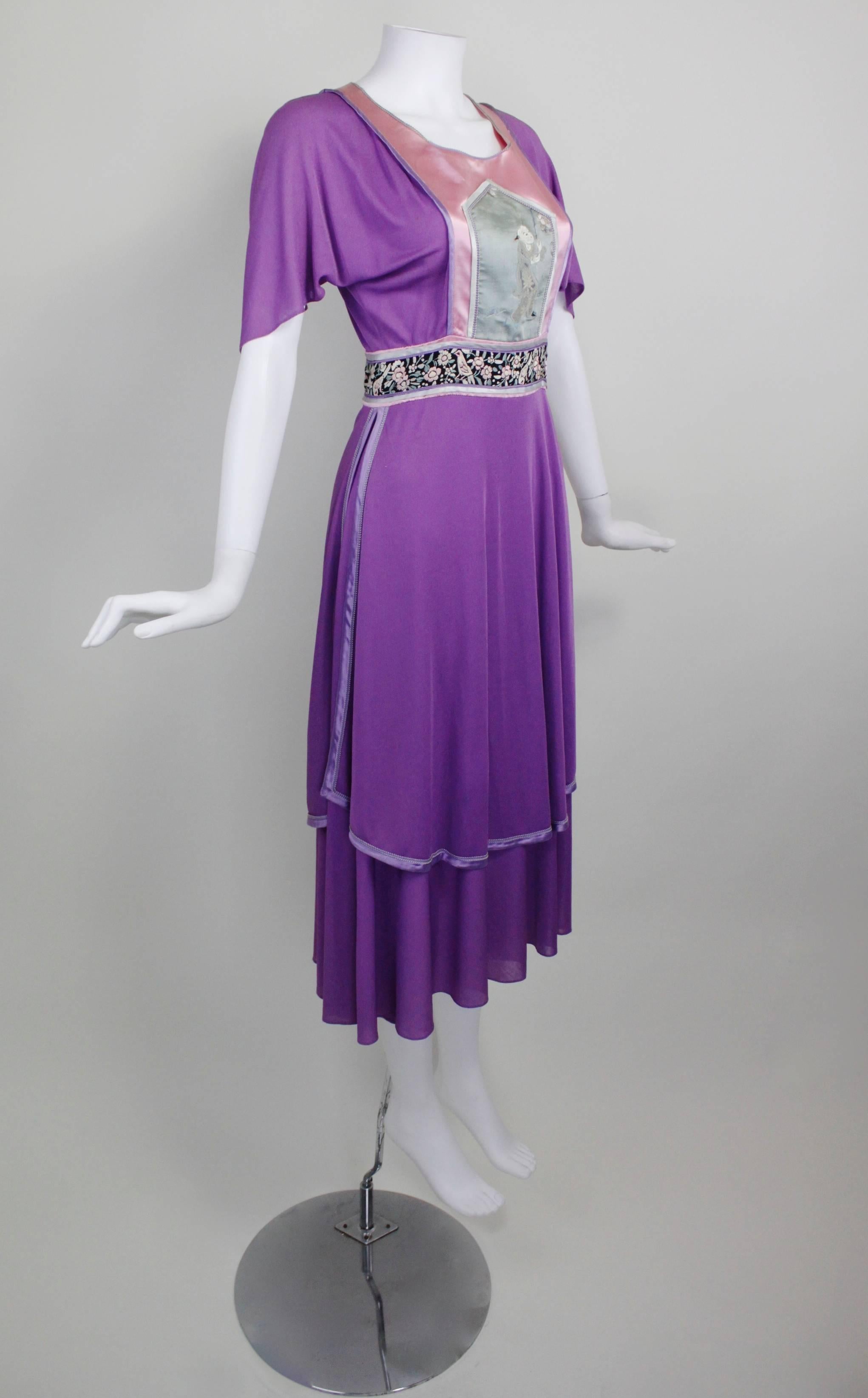 Women's 1970s Marisa Martin Chinoiserie Antique Appliqué Dress For Sale