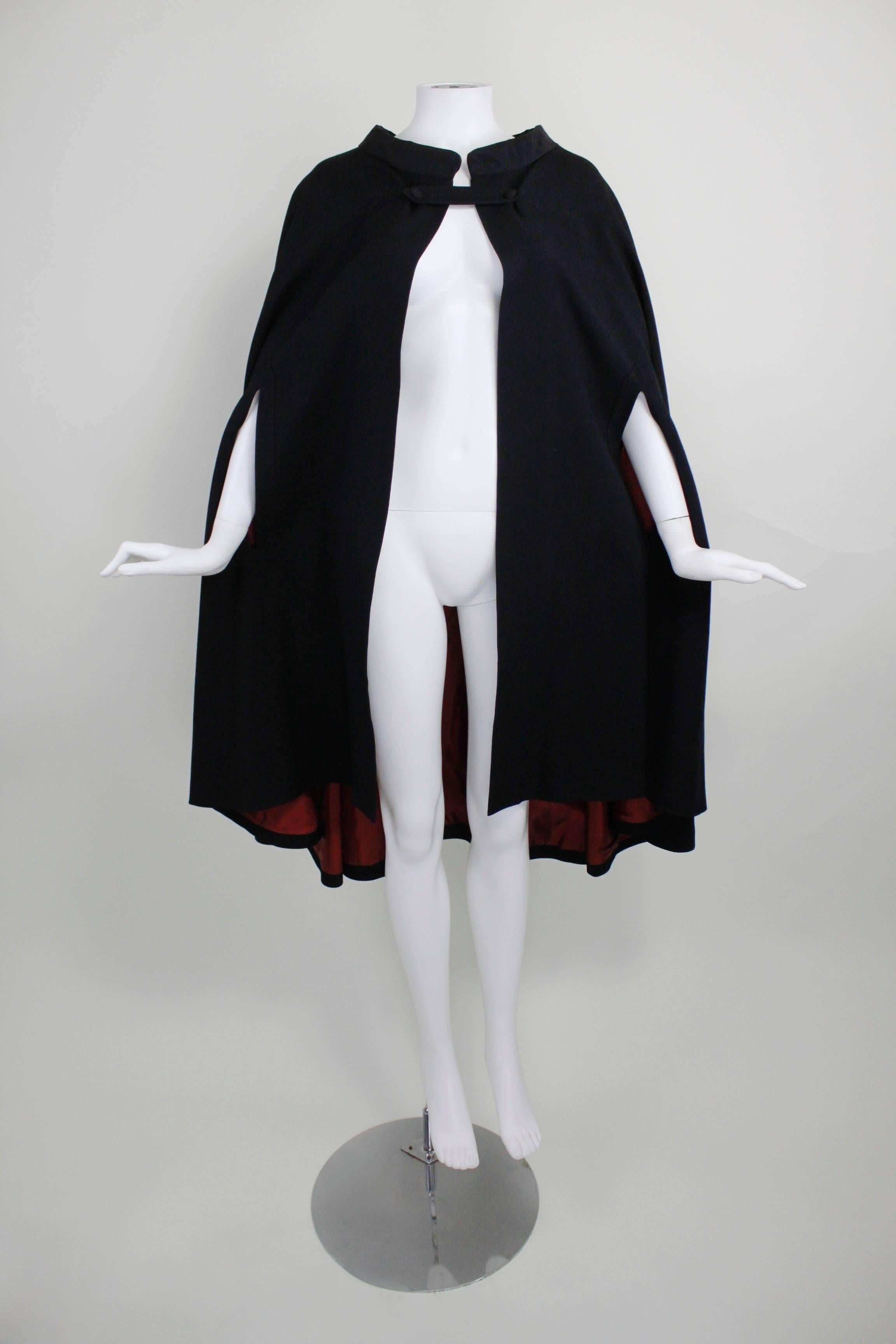 1960s Pierre Cardin Iconic Black Wool Cape with Silk Lining In Excellent Condition For Sale In Los Angeles, CA