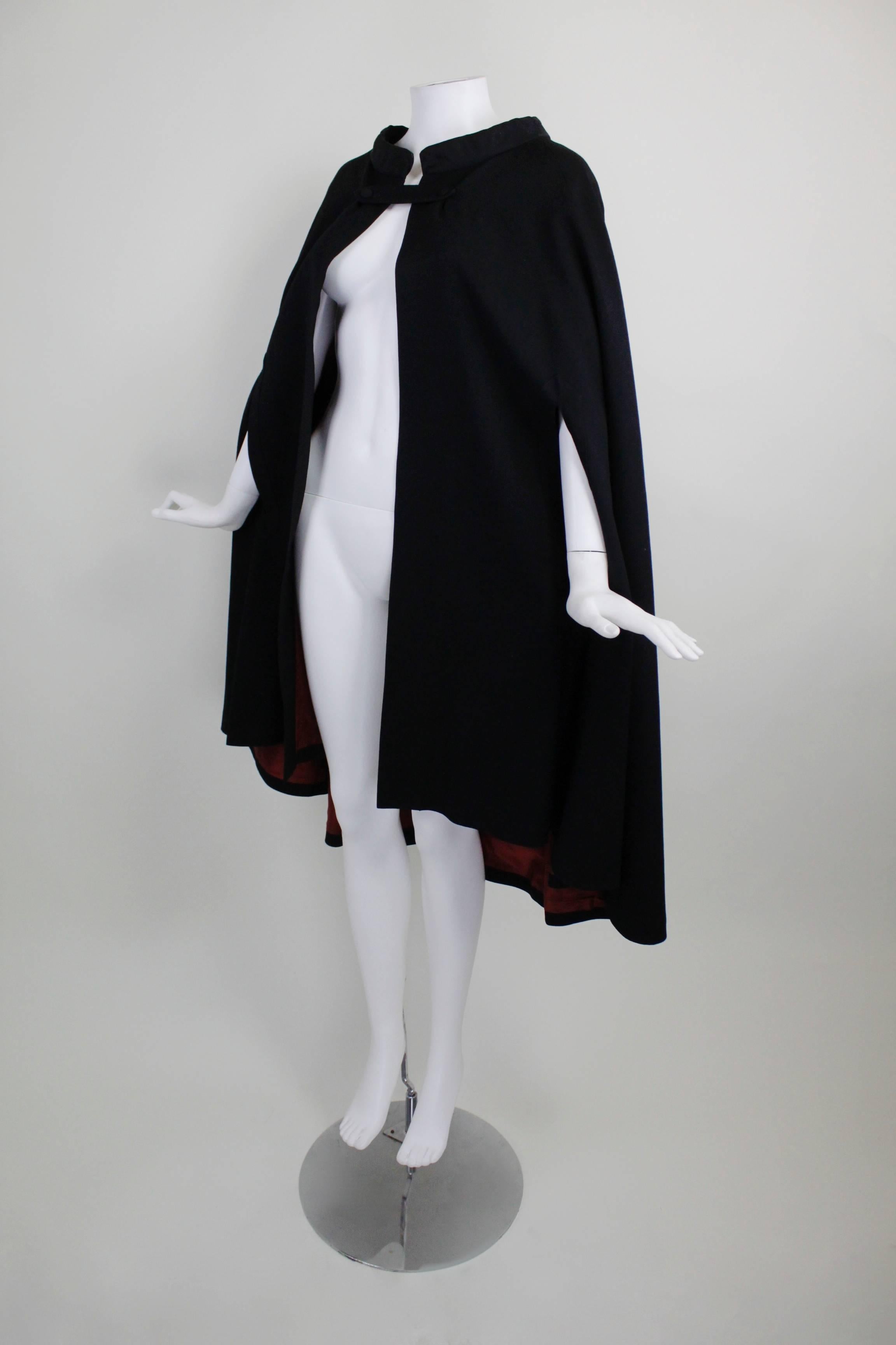 1960s Pierre Cardin Iconic Black Wool Cape with Silk Lining For Sale 2