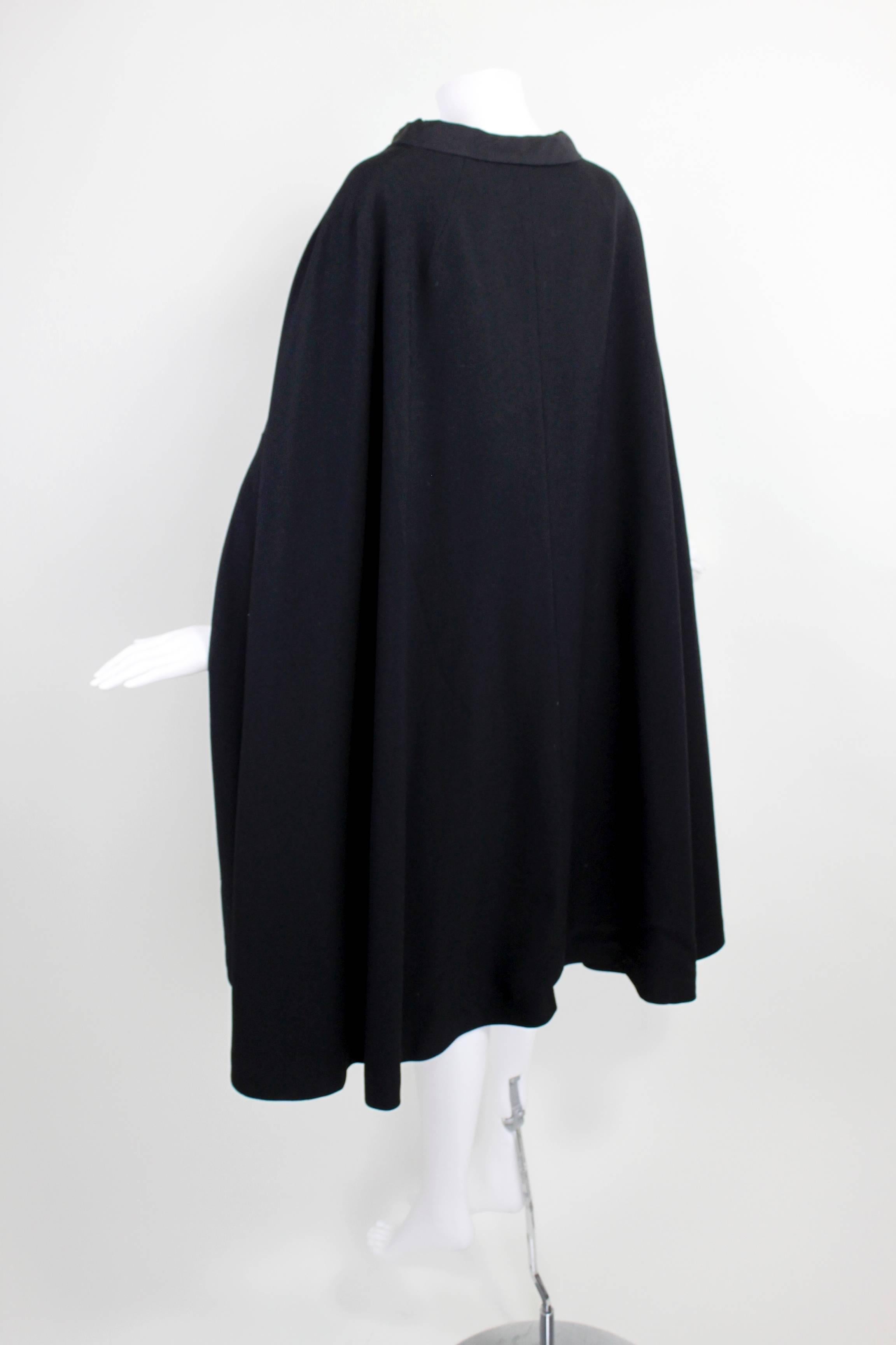 1960s Pierre Cardin Iconic Black Wool Cape with Silk Lining For Sale 1
