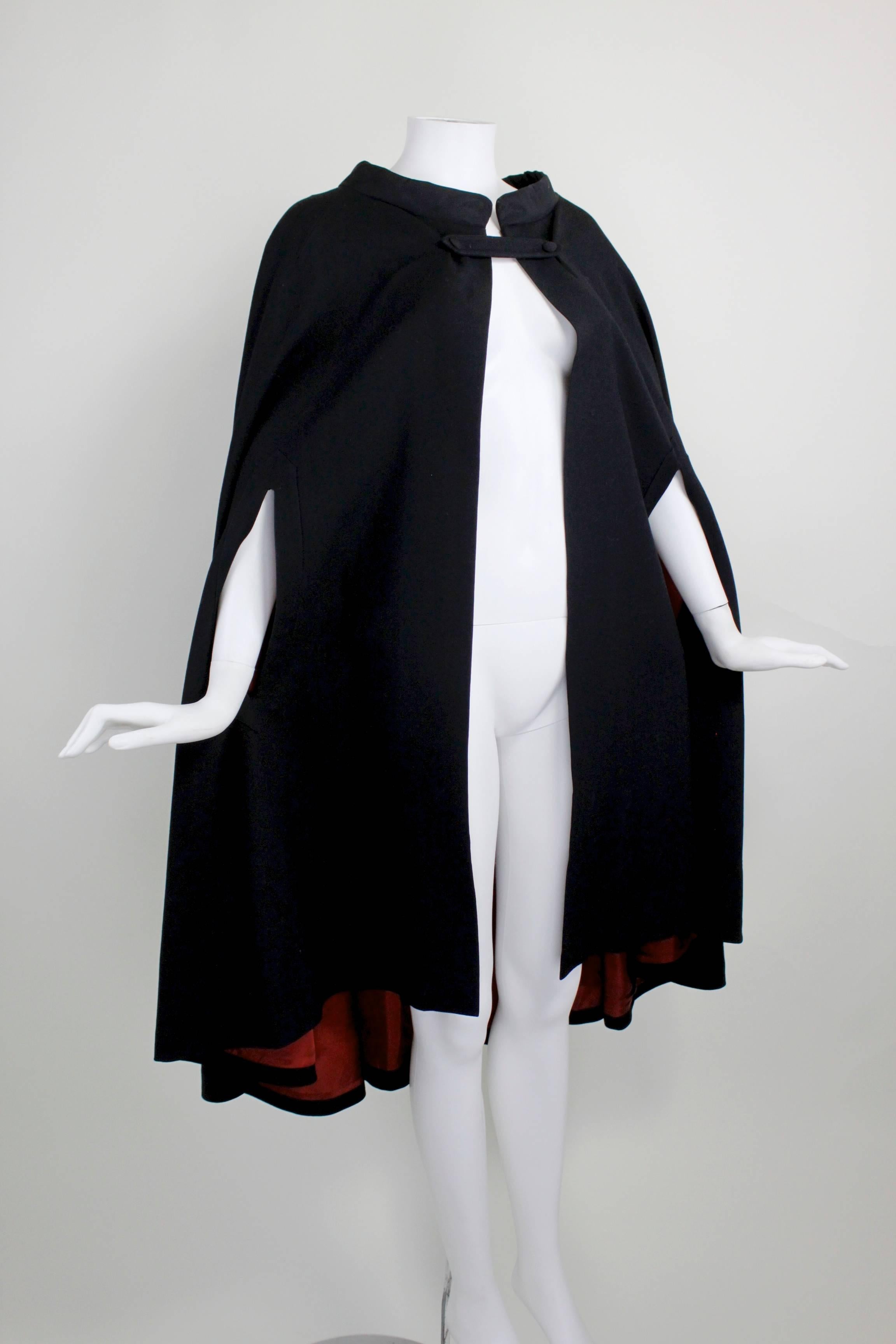 Women's 1960s Pierre Cardin Iconic Black Wool Cape with Silk Lining For Sale