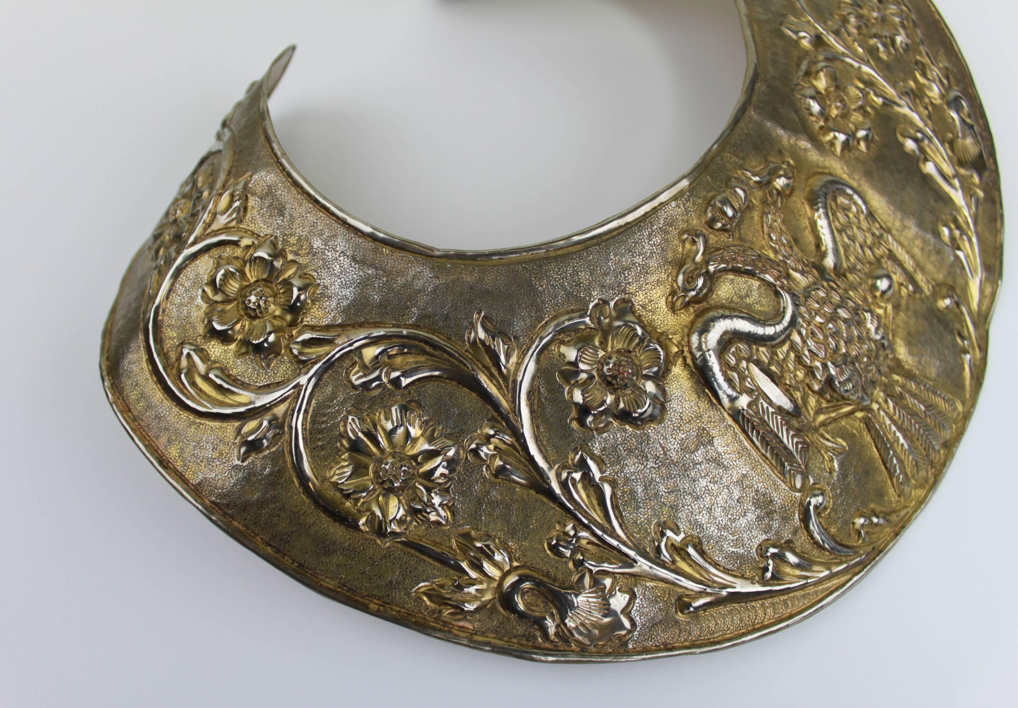 Women's 1970s Greek Motif Brass Collar Necklace with Repousse