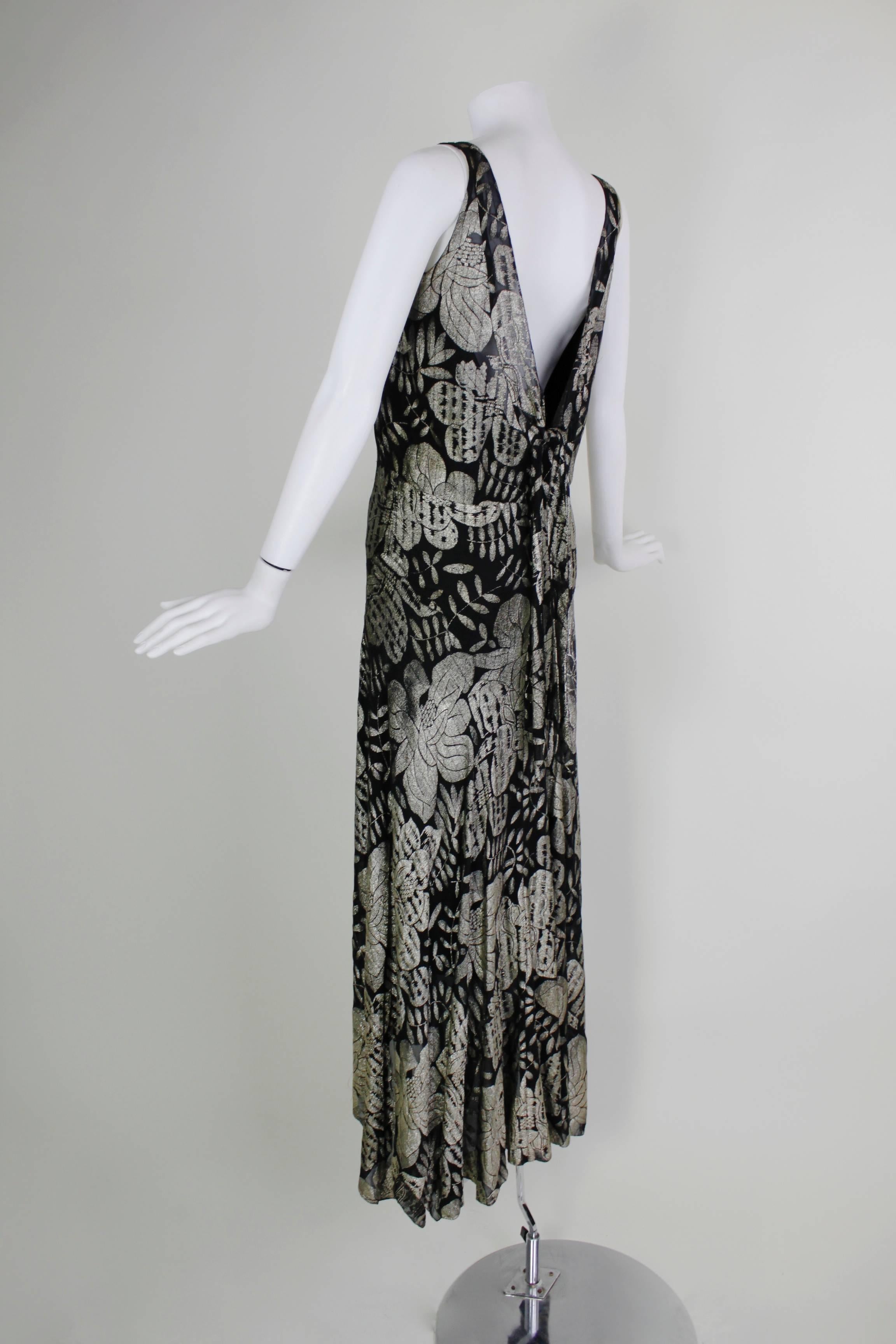 Women's 1930s Black and Gold Lamé Floral Evening Gown