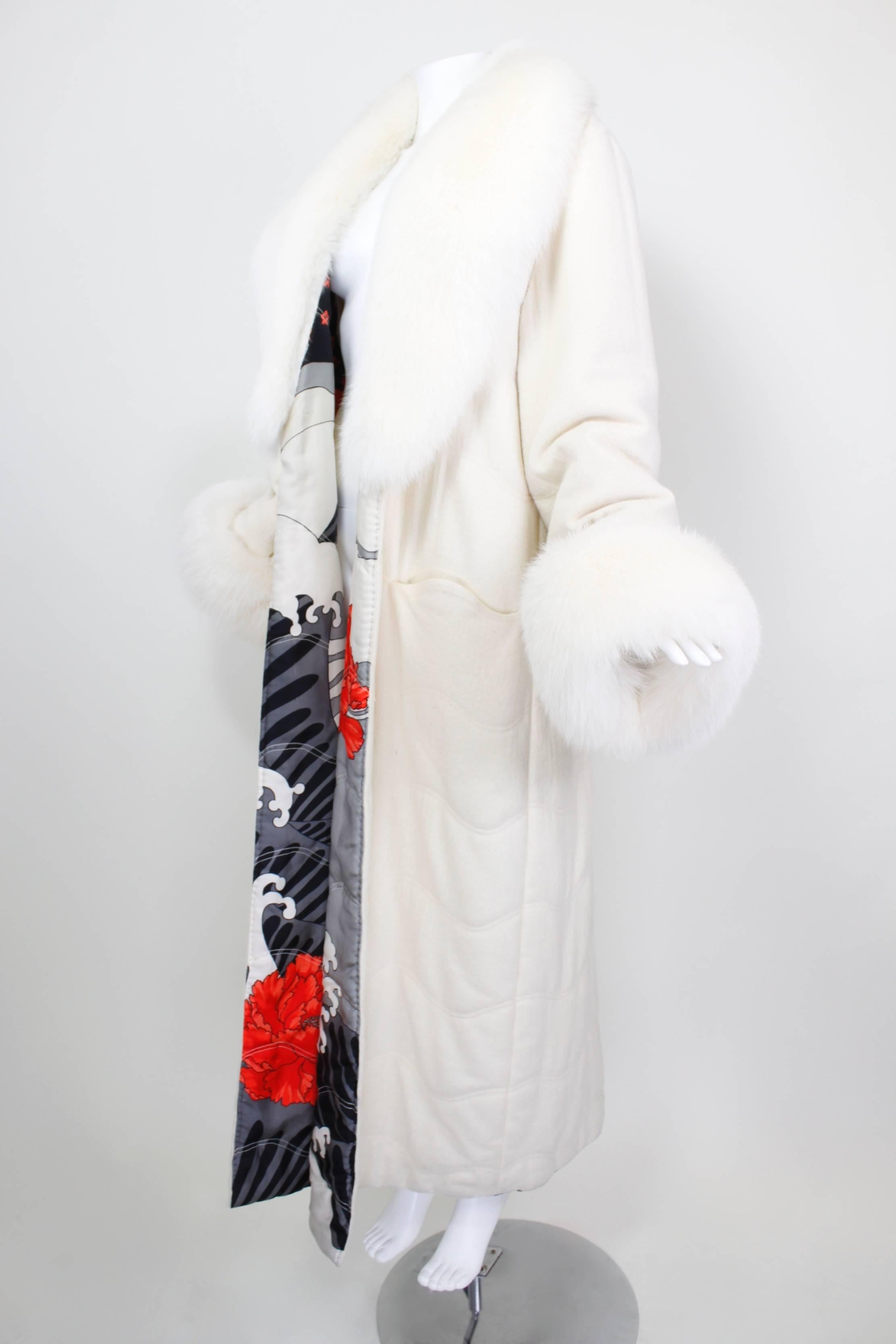 Vintage 1980s Hanae Mori White Fur Coat with Silk Lining