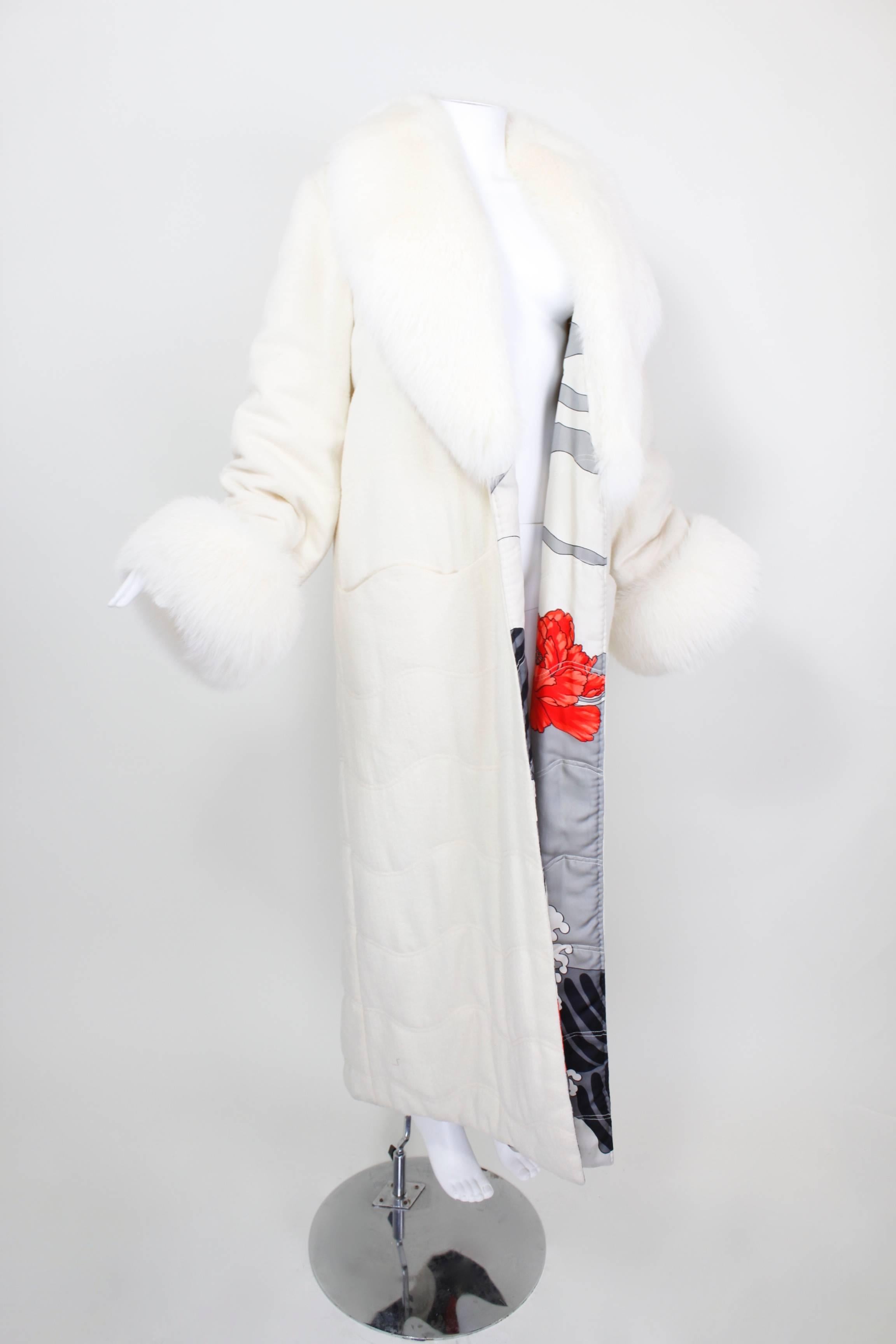 Gray Vintage 1980s Hanae Mori Couture White Fur Coat with Silk Lining For Sale