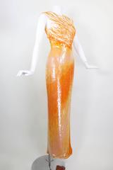 1990s Sarli Sherbet Ombre Sequined Evening Gown with Sheer Vine Motif