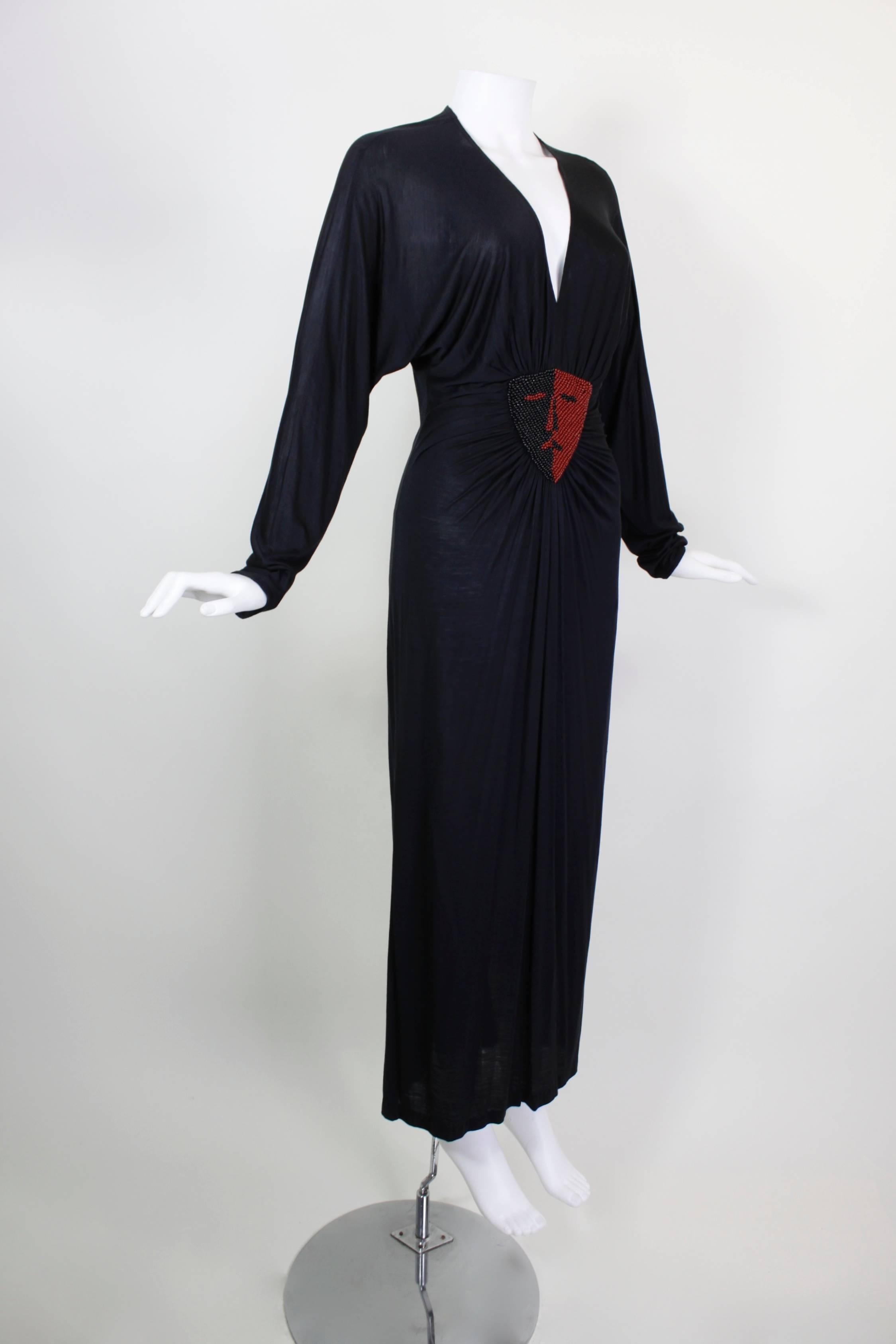 Black Vintage Callaghan Jersey Dress with Dual Beaded Portrait Motif