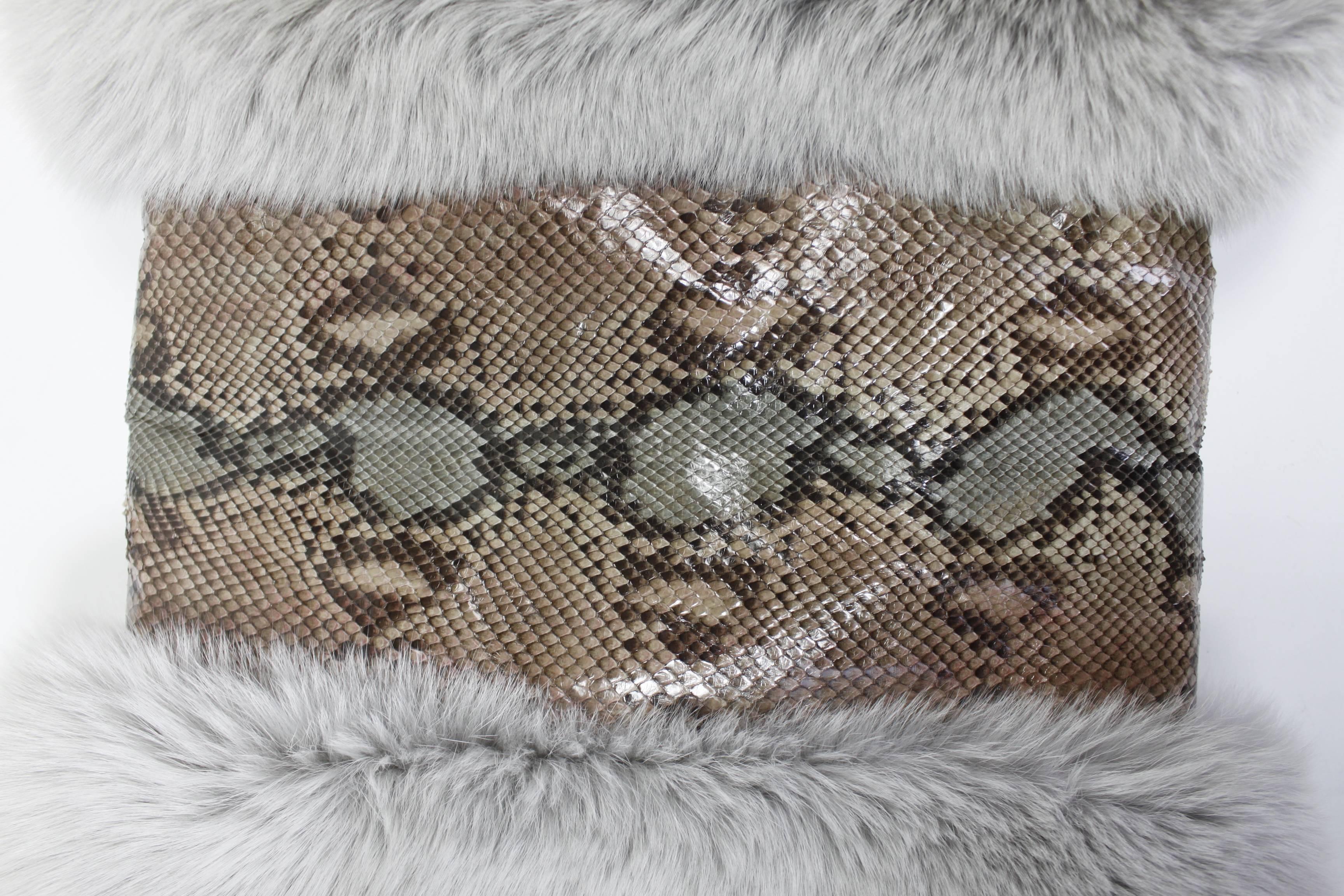Women's Vintage Pastel Snakeskin and Grey Fox Fur Muff