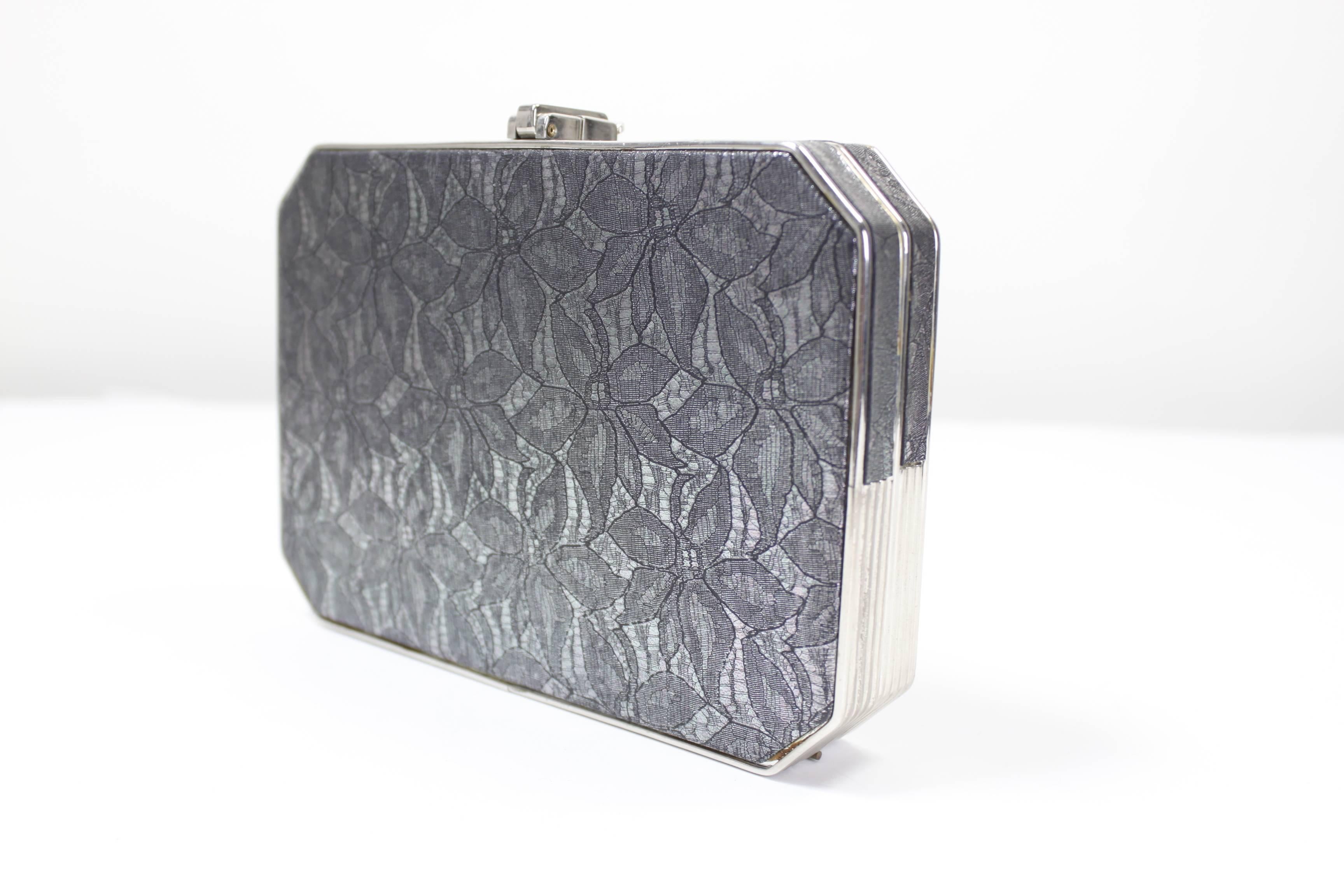 Gray Fendi Silver and Black Lace Evening Clutch with Iridescent Sheen
