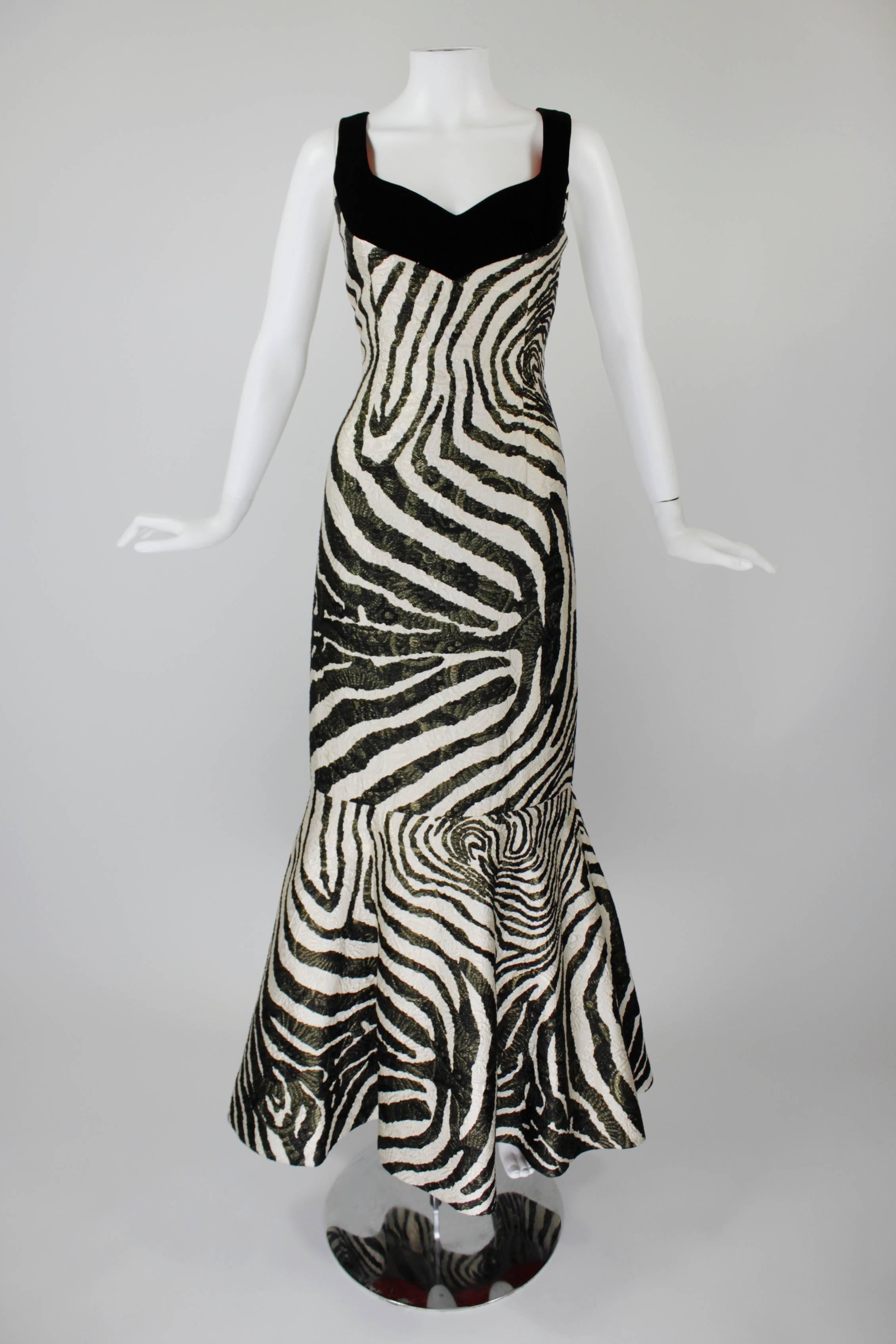 1980s Scaasi Metallic Zebra Fishtail Gown with Fringe Wrap In Excellent Condition For Sale In Los Angeles, CA