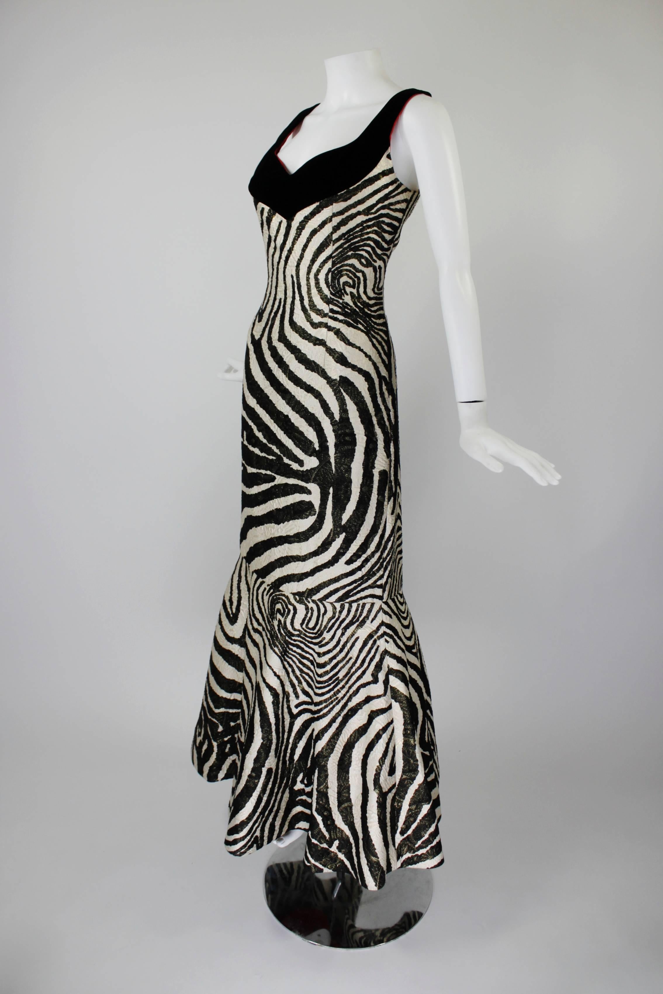 Black 1980s Scaasi Metallic Zebra Fishtail Gown with Fringe Wrap For Sale
