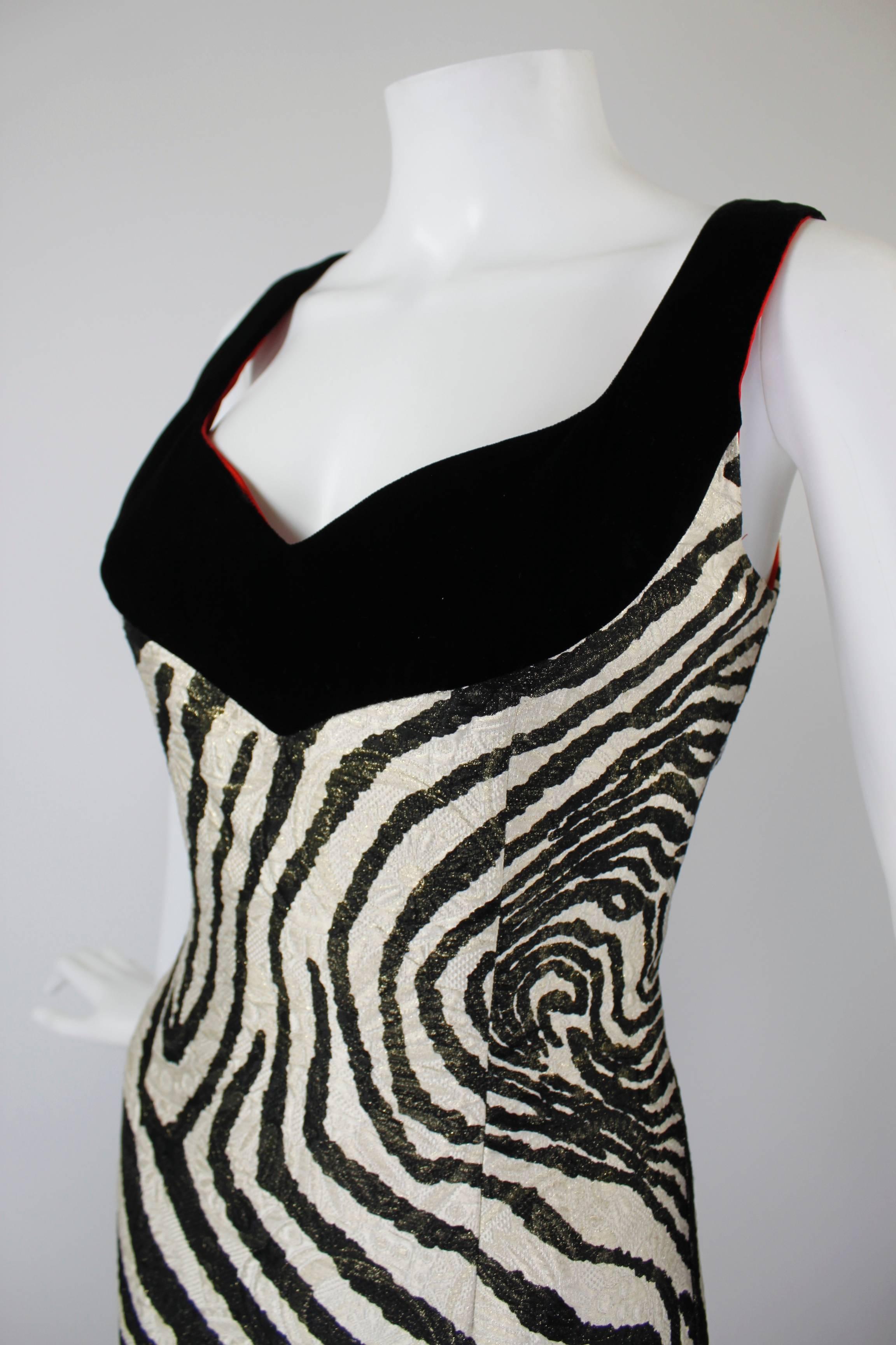 1980s Scaasi Metallic Zebra Fishtail Gown with Fringe Wrap For Sale 1