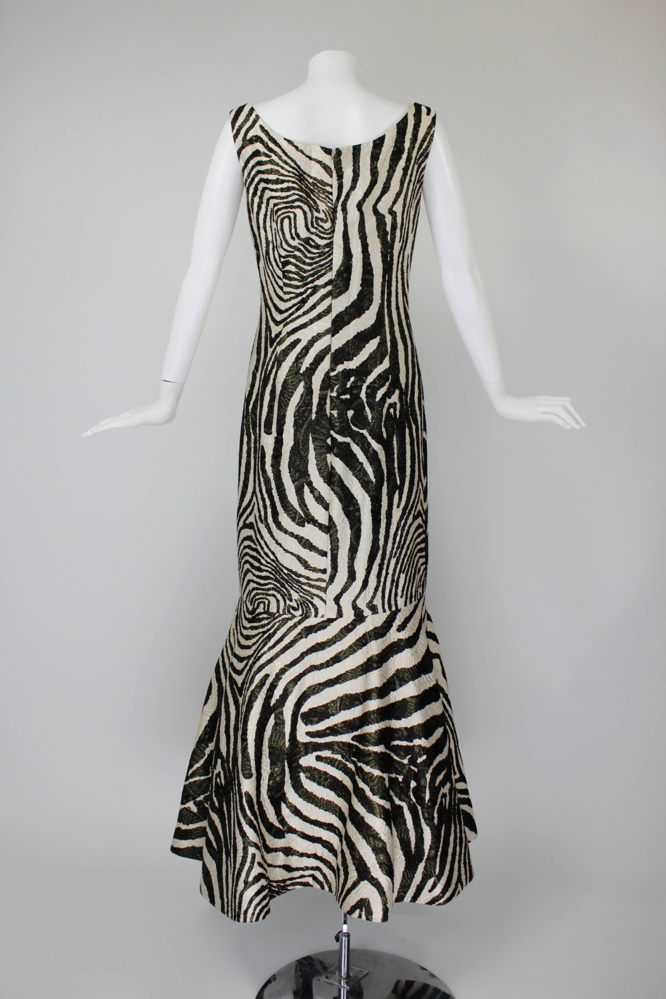 Women's 1980s Scaasi Metallic Zebra Fishtail Gown with Fringe Wrap For Sale