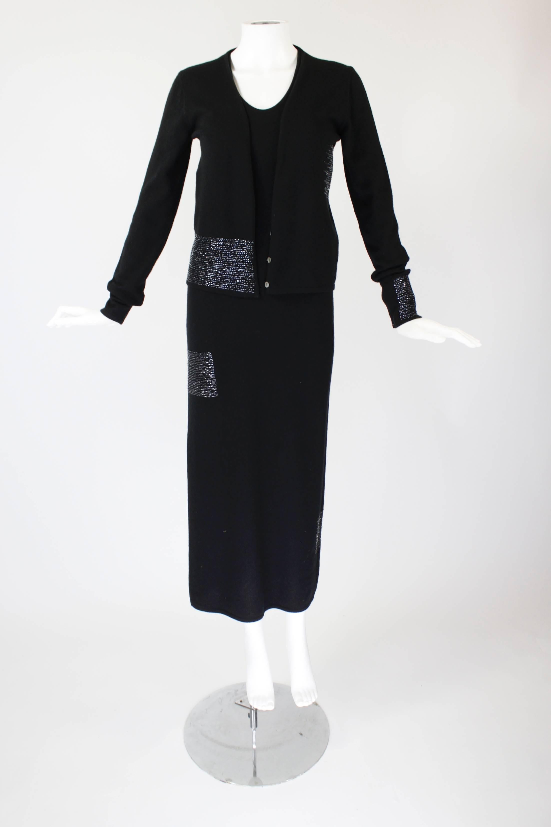 1990s Krizia Black Cashmere Beaded Dress with Shell For Sale 1