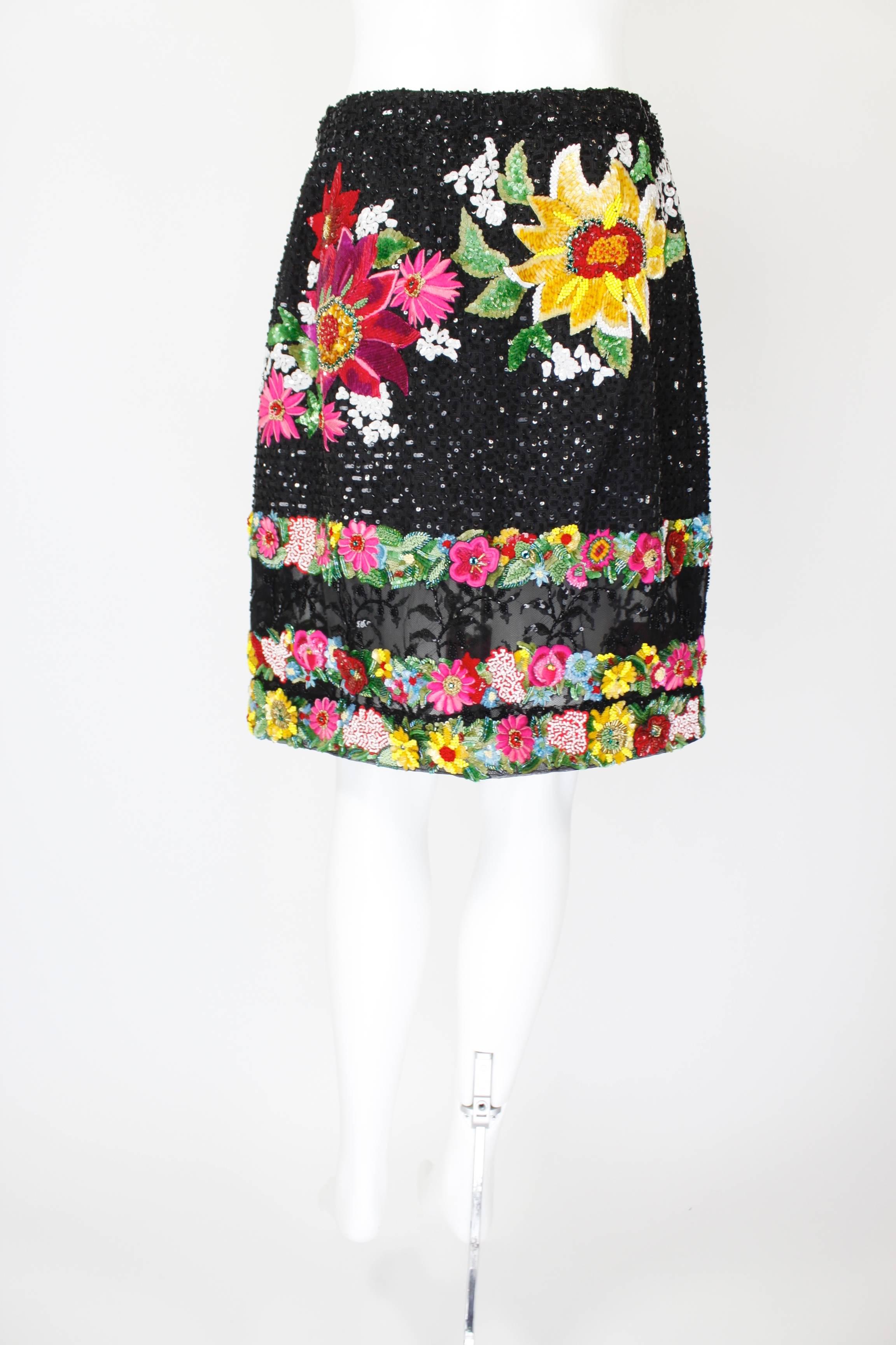 Black 1990s Valentino Floral Embroidered and Bead Embellished Evening Skirt For Sale
