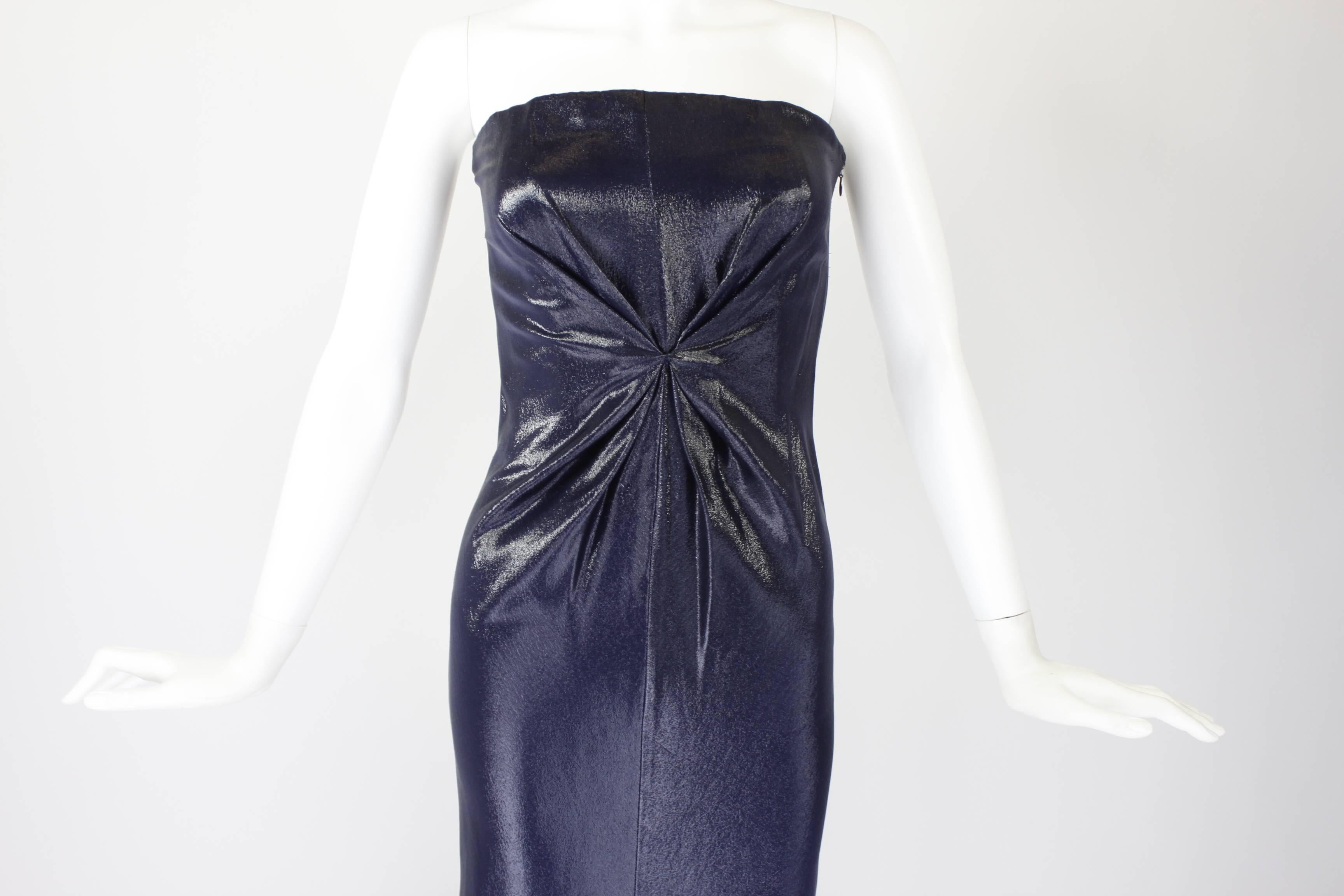 Women's Lifetime Versace Navy Strapless Wet Look Gown with Gathered Detail For Sale