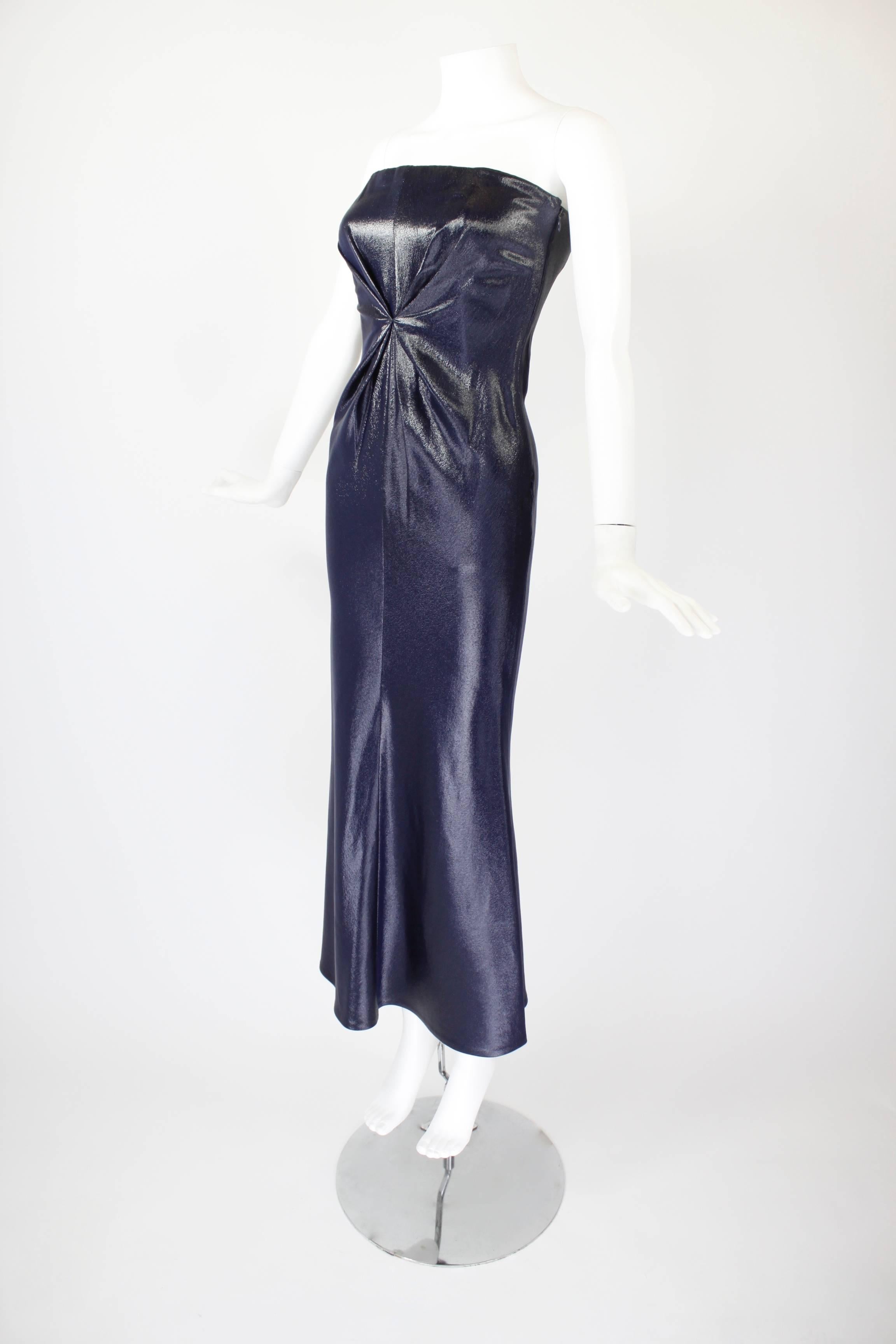 Lifetime Versace Navy Strapless Wet Look Gown with Gathered Detail

-Invisible side zip closure
-Built-in corset

Measurements--
Bust: 32 inches
Waist: 24 inches
Hip: 36 inches
Length, Top to Hem: 51 inches