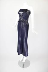 Lifetime Versace Navy Strapless Wet Look Gown with Gathered Detail