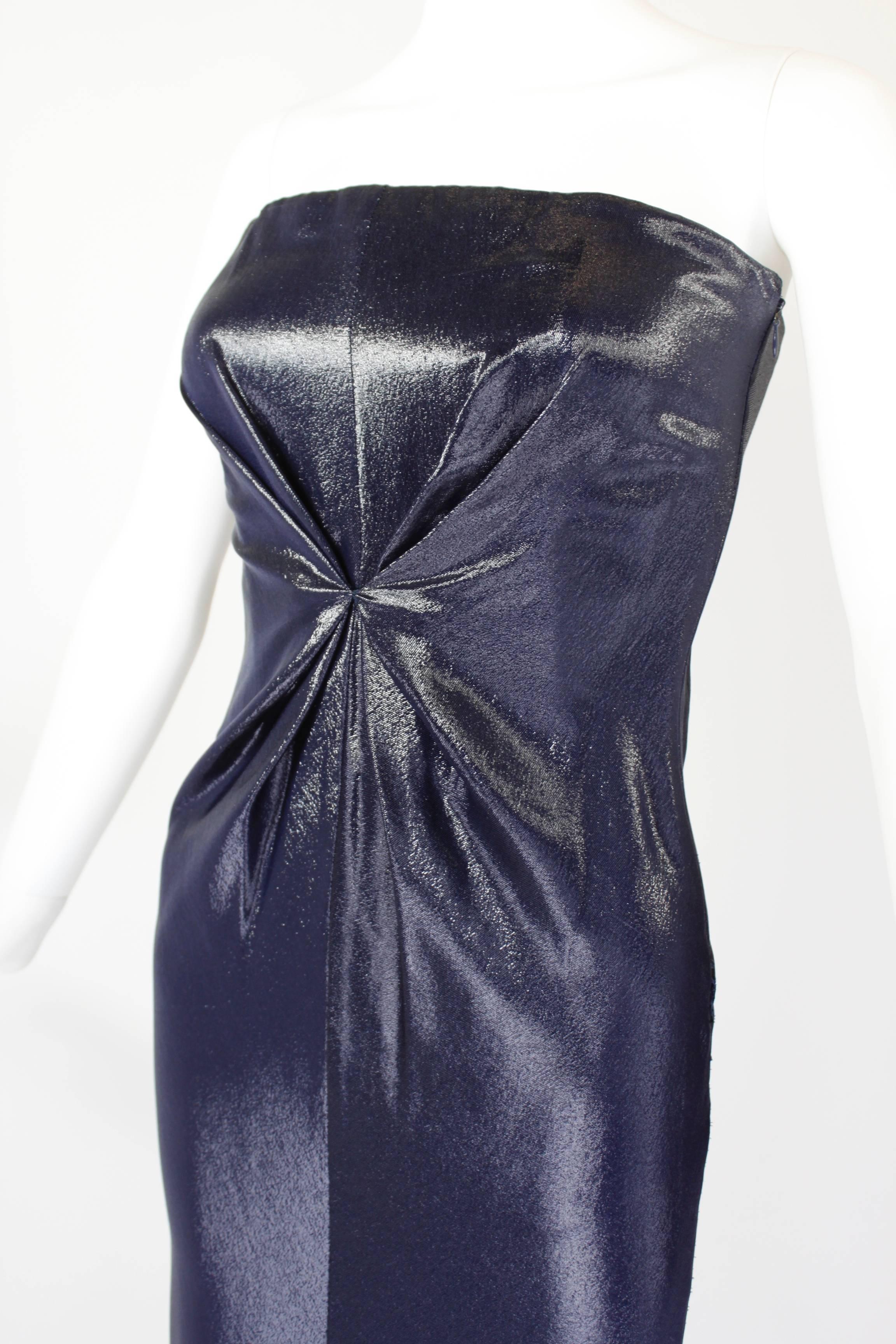 Lifetime Versace Navy Strapless Wet Look Gown with Gathered Detail For Sale 1