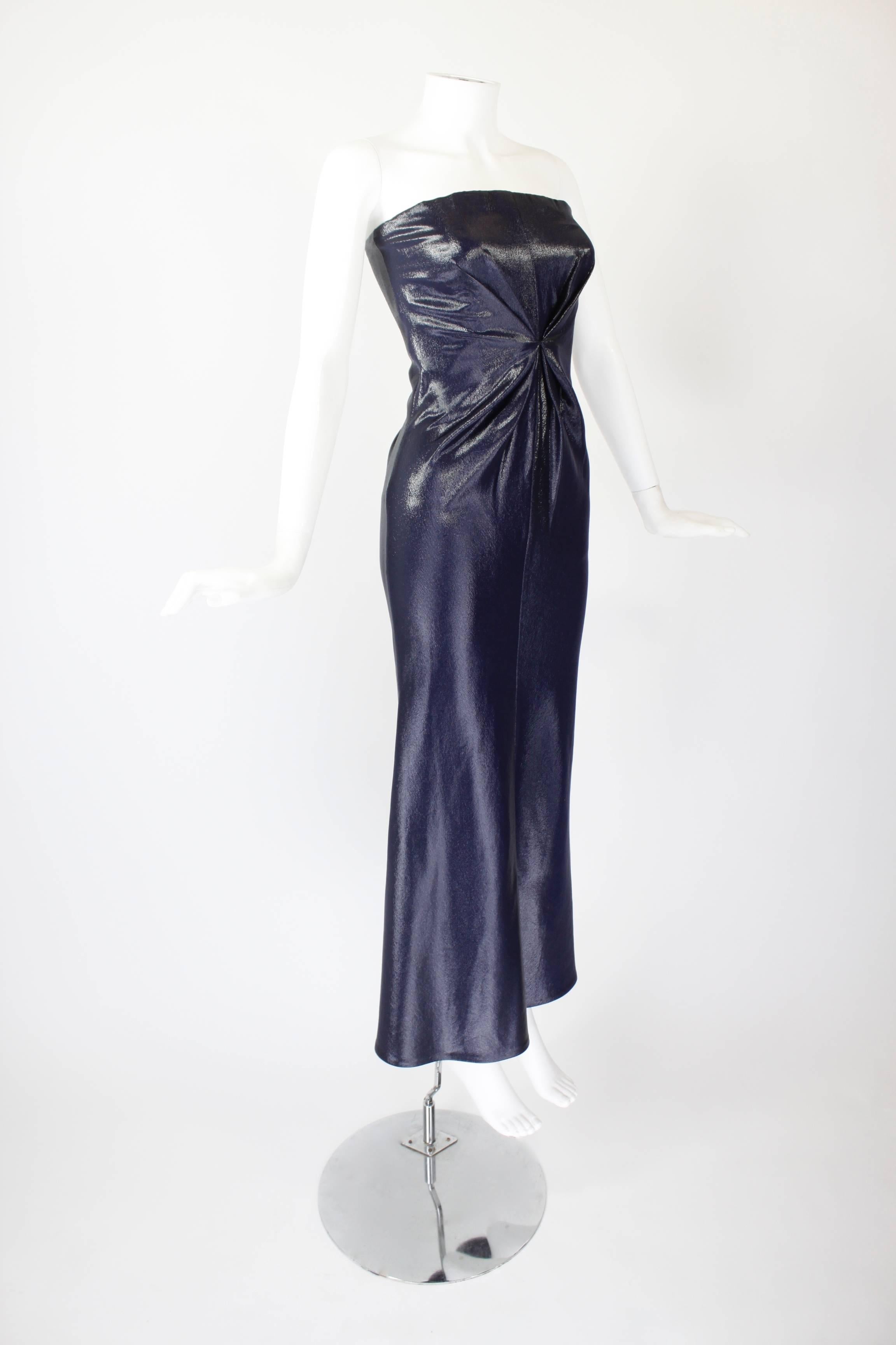 Purple Lifetime Versace Navy Strapless Wet Look Gown with Gathered Detail For Sale
