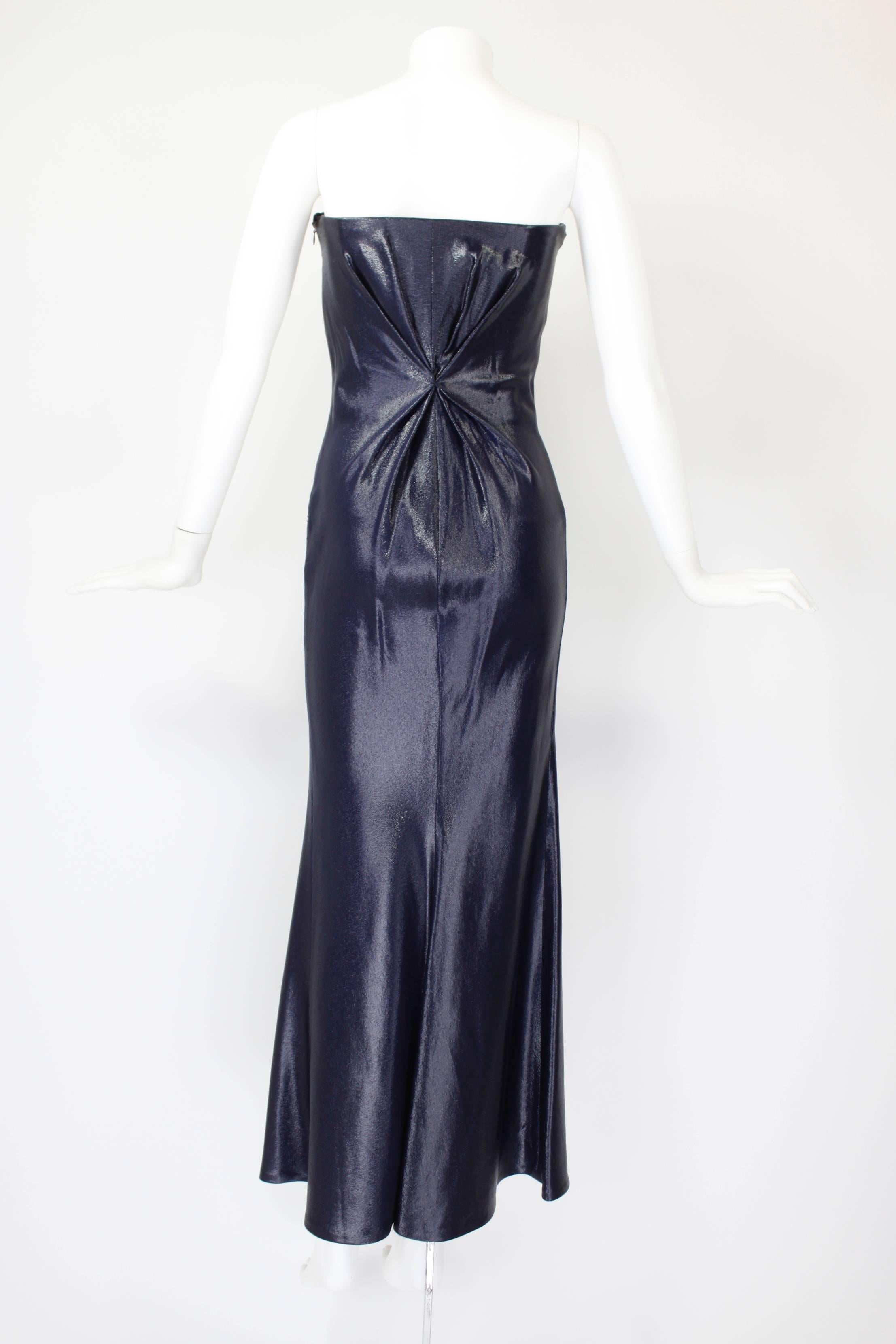 Lifetime Versace Navy Strapless Wet Look Gown with Gathered Detail In Excellent Condition For Sale In Los Angeles, CA
