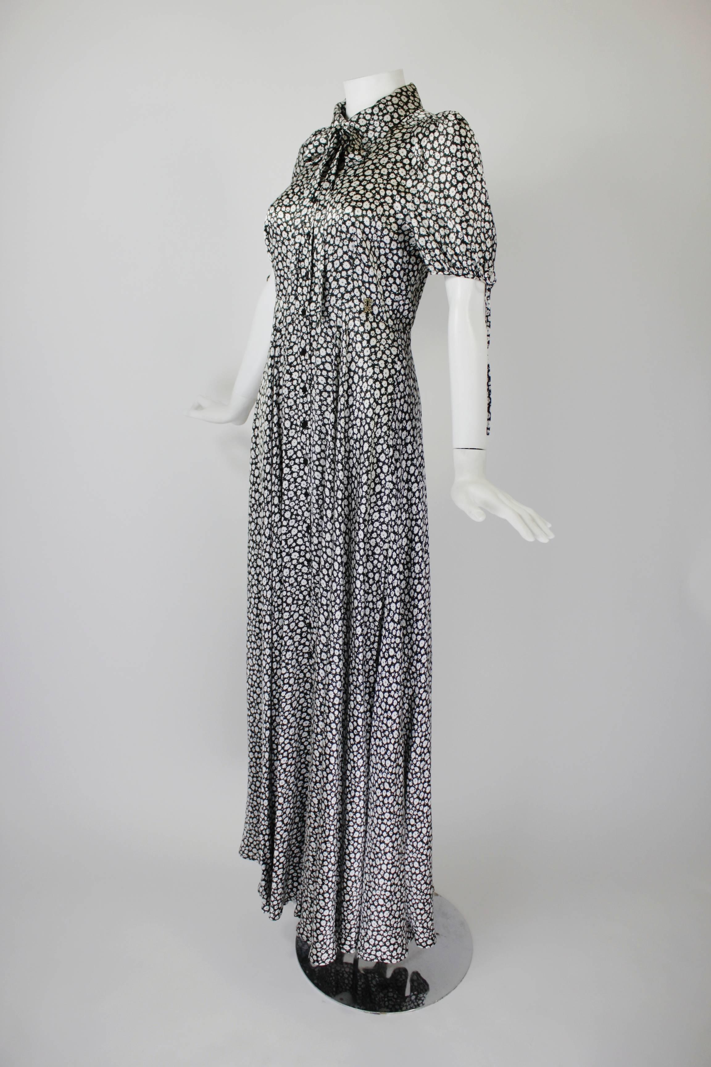 Galliano 1930s Style Floral Dress with Star Button-Front and Neck Bow In Excellent Condition In Los Angeles, CA
