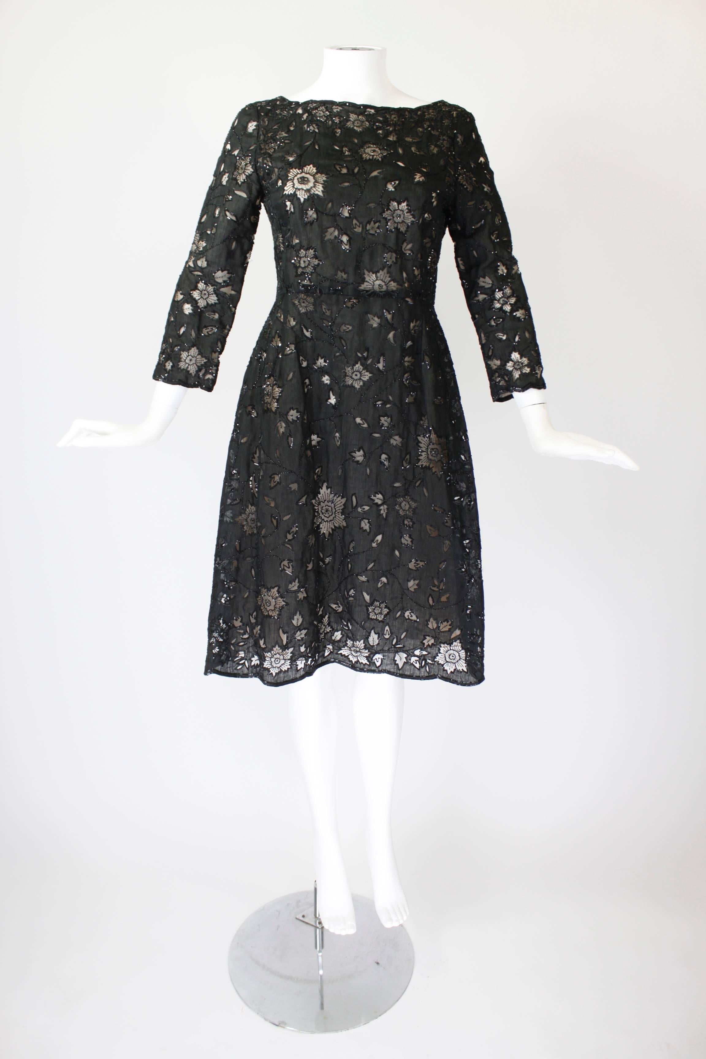 Oscar De La Renta Black Beaded Illusion Lace Organza Cocktail Dress For Sale 1