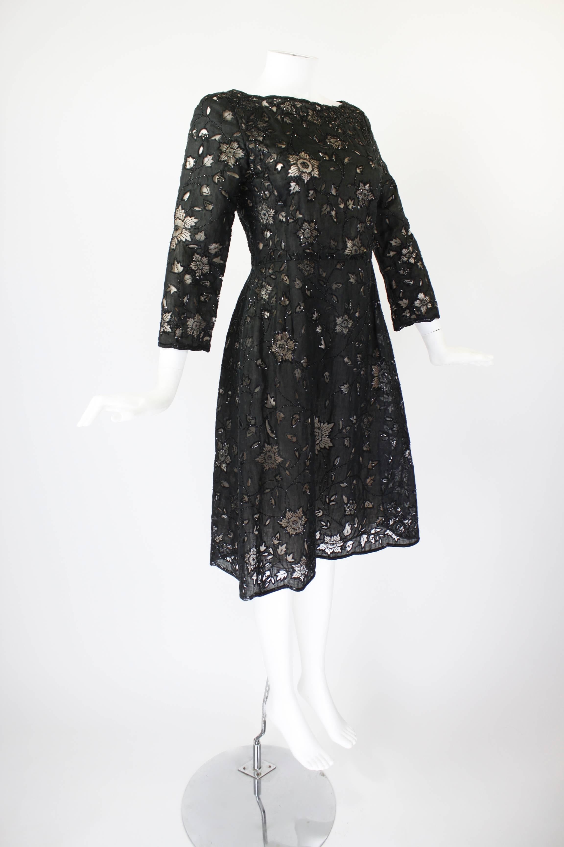 Oscar De La Renta Black Beaded Illusion Lace Organza Cocktail Dress For Sale 2