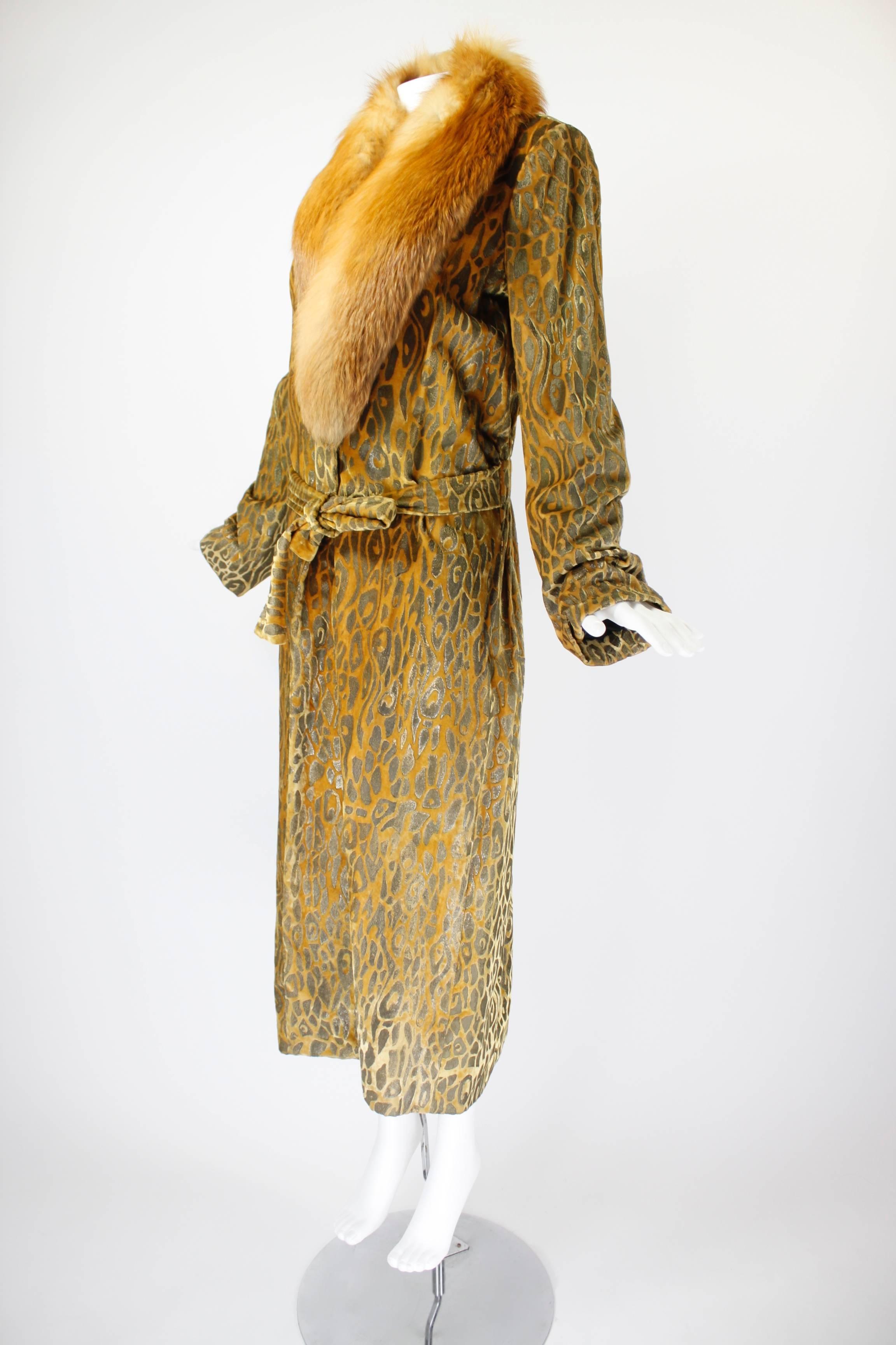 Bill Blass Mustard Velvet Paisley Opera Coat with Fir Fur Collar 1
