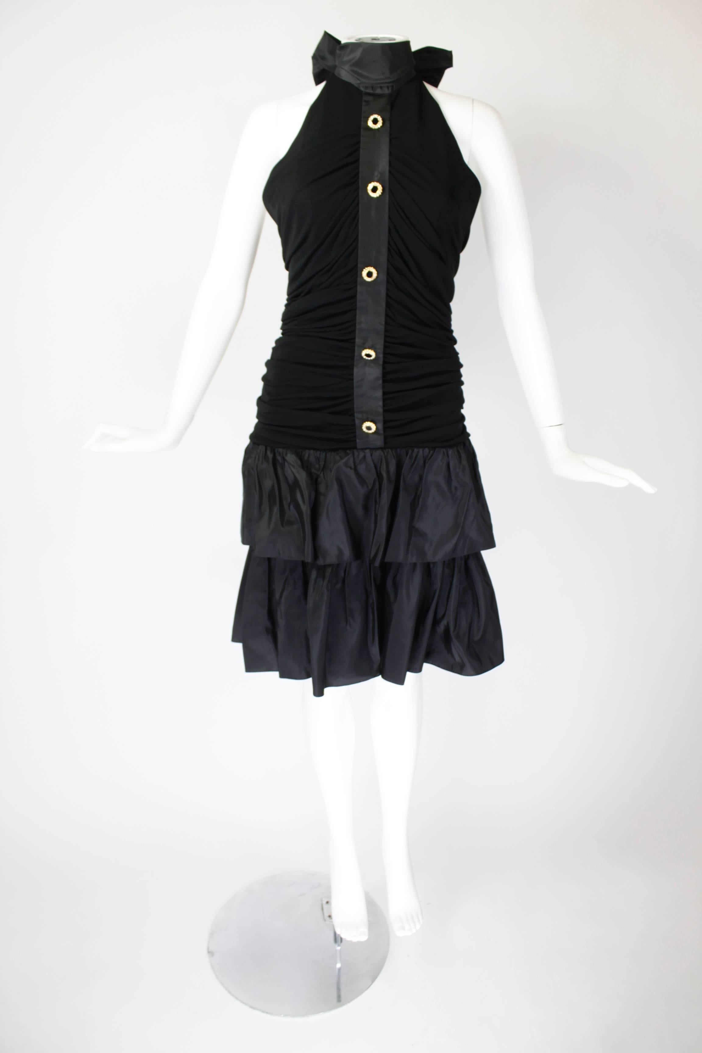 1980s Givenchy Black Ruched Cocktail Dress with Rhinestone Buttons 1