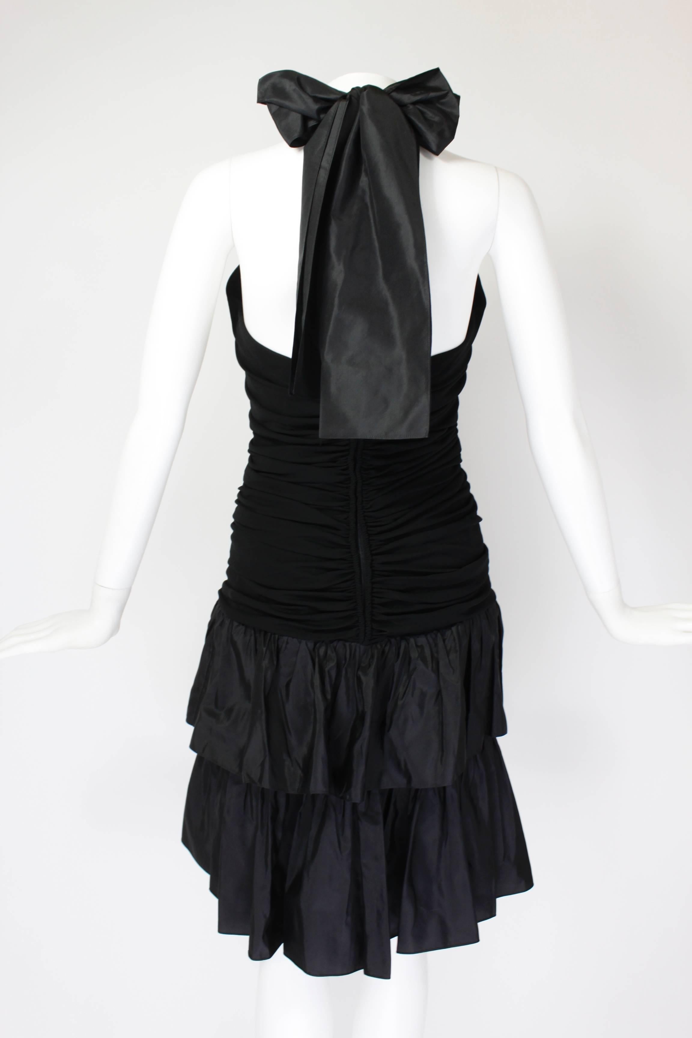 1980s Givenchy Black Ruched Cocktail Dress with Rhinestone Buttons 3