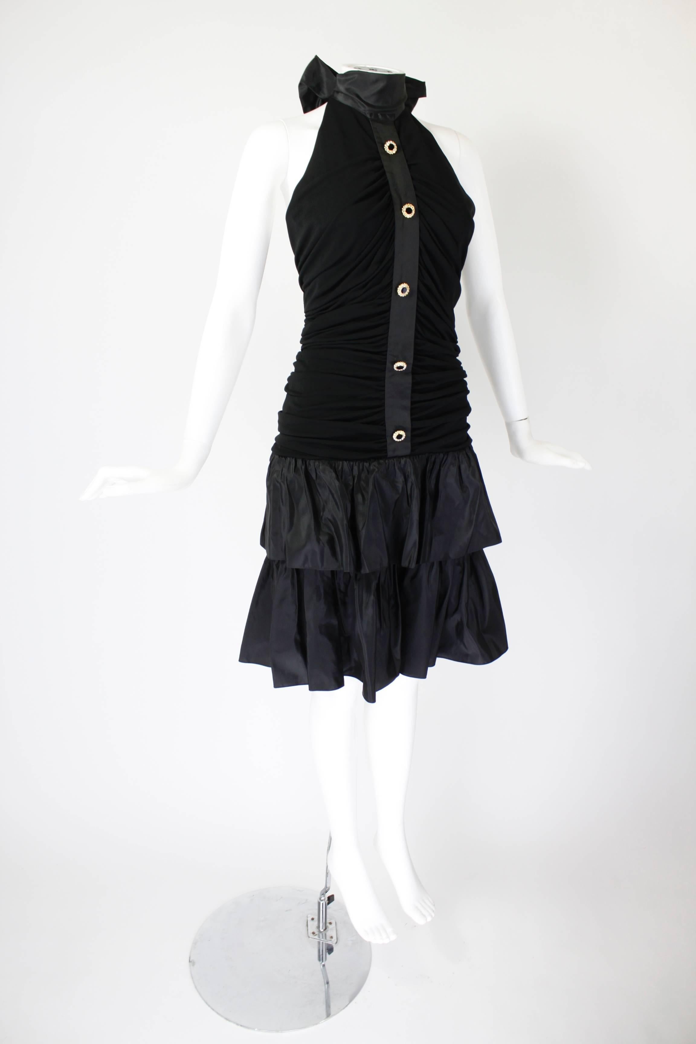 Women's 1980s Givenchy Black Ruched Cocktail Dress with Rhinestone Buttons