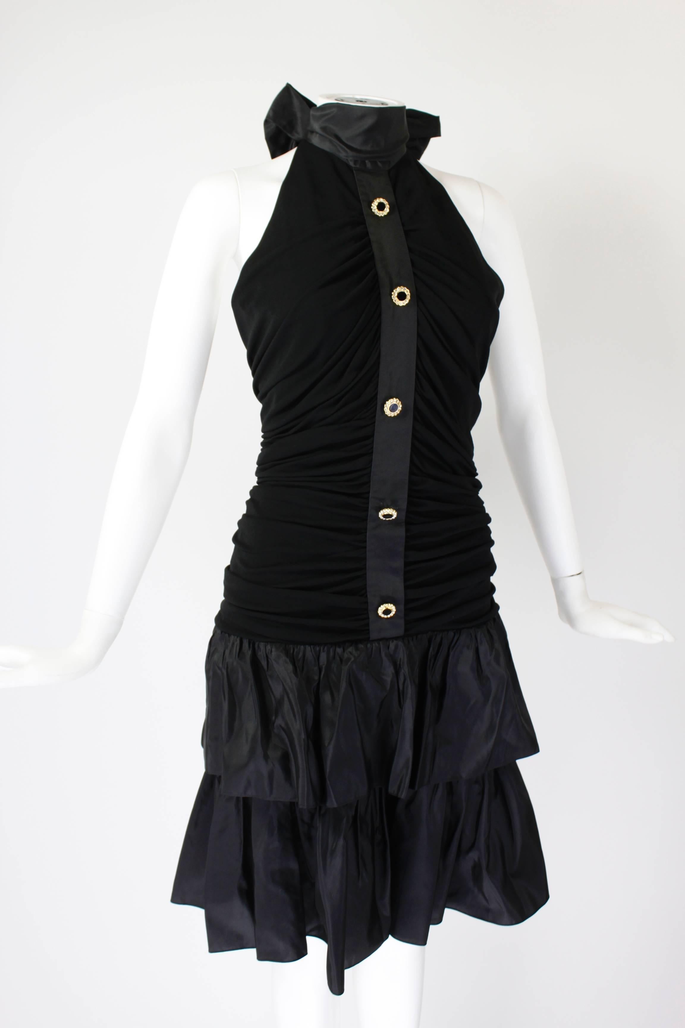 1980s Givenchy Black Ruched Cocktail Dress with Rhinestone Buttons In Excellent Condition In Los Angeles, CA