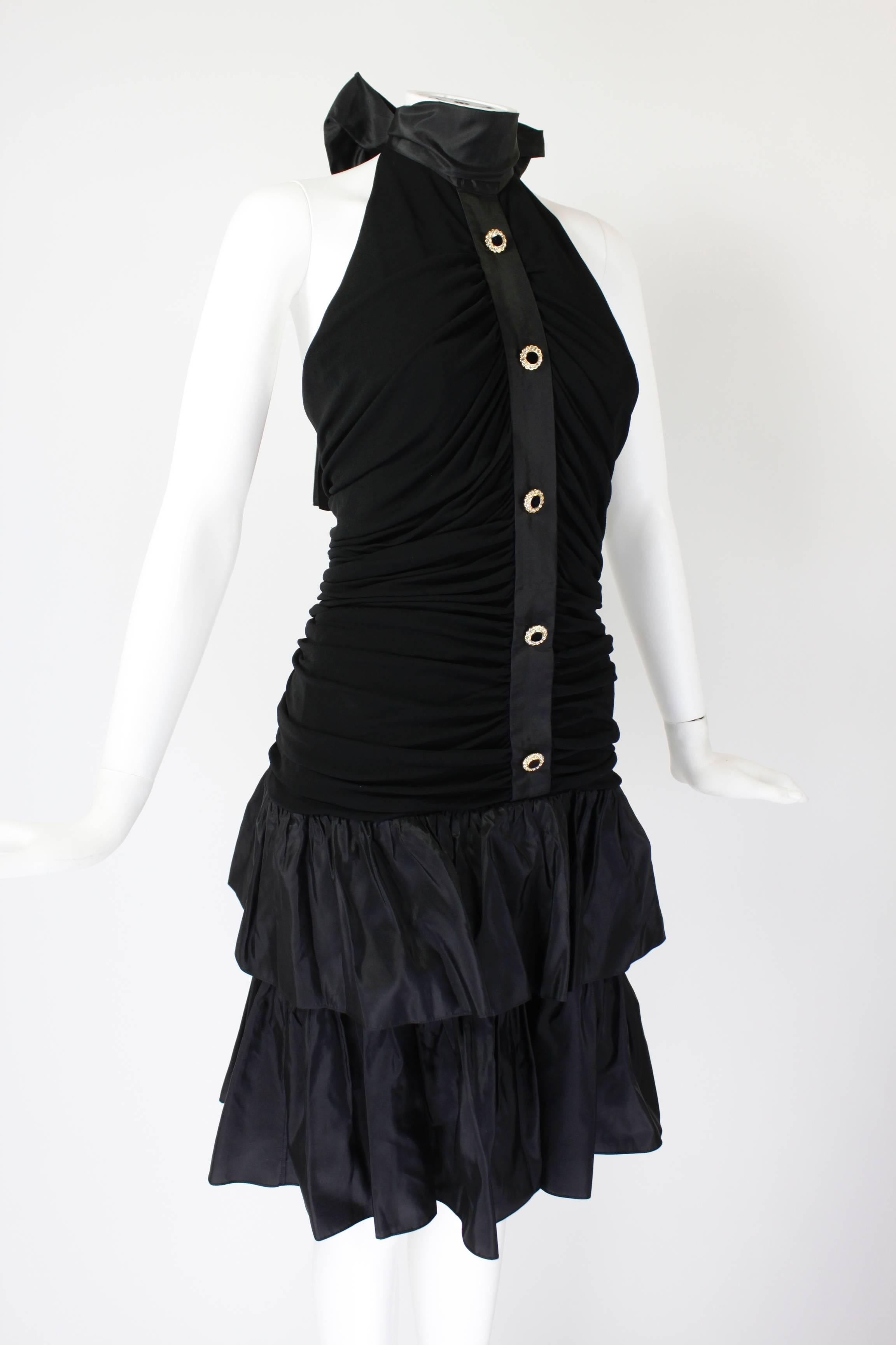 1980s Givenchy Black Ruched Cocktail Dress with Rhinestone Buttons 2