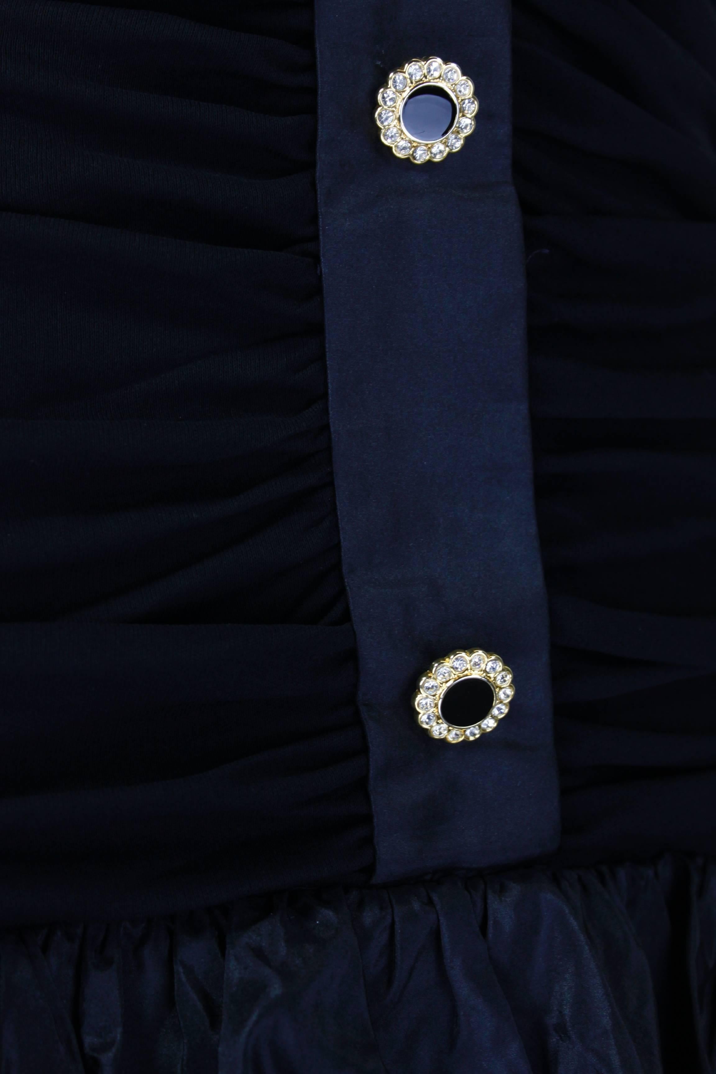 1980s Givenchy Black Ruched Cocktail Dress with Rhinestone Buttons 5