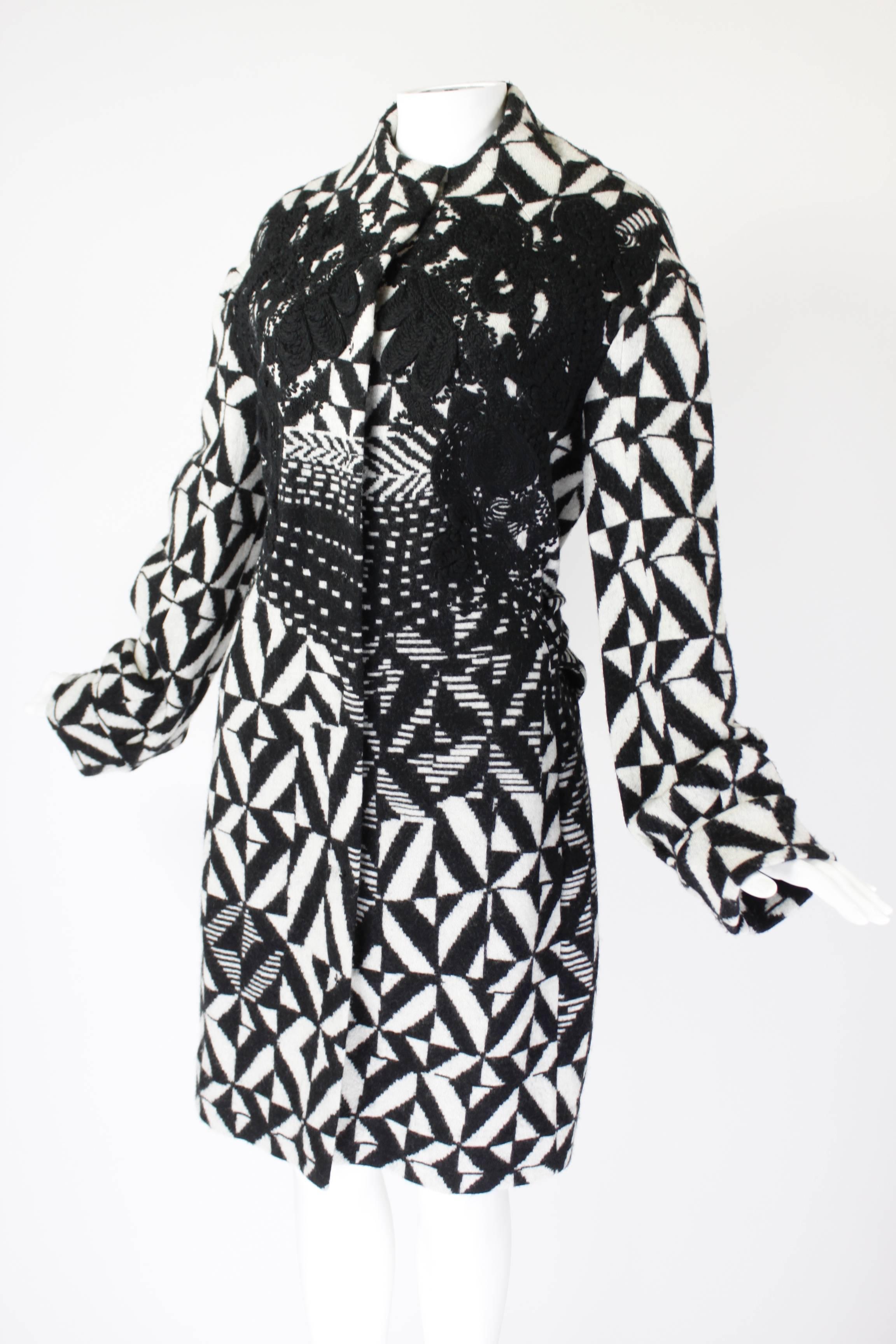 Christian Lacroix Black and White Op Art Coat with Appliqué In Excellent Condition For Sale In Los Angeles, CA