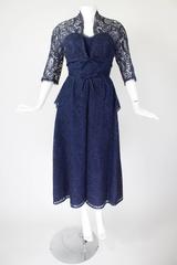 1950s Jean Desses Haute Couture Navy Guipure Lace Cocktail Dress