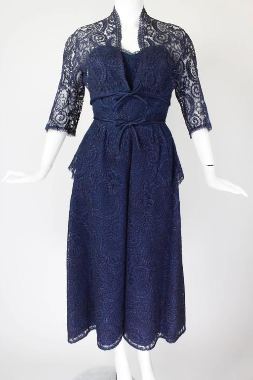 1950s Jean Desses Haute Couture Navy Guipure Lace Cocktail Dress For ...