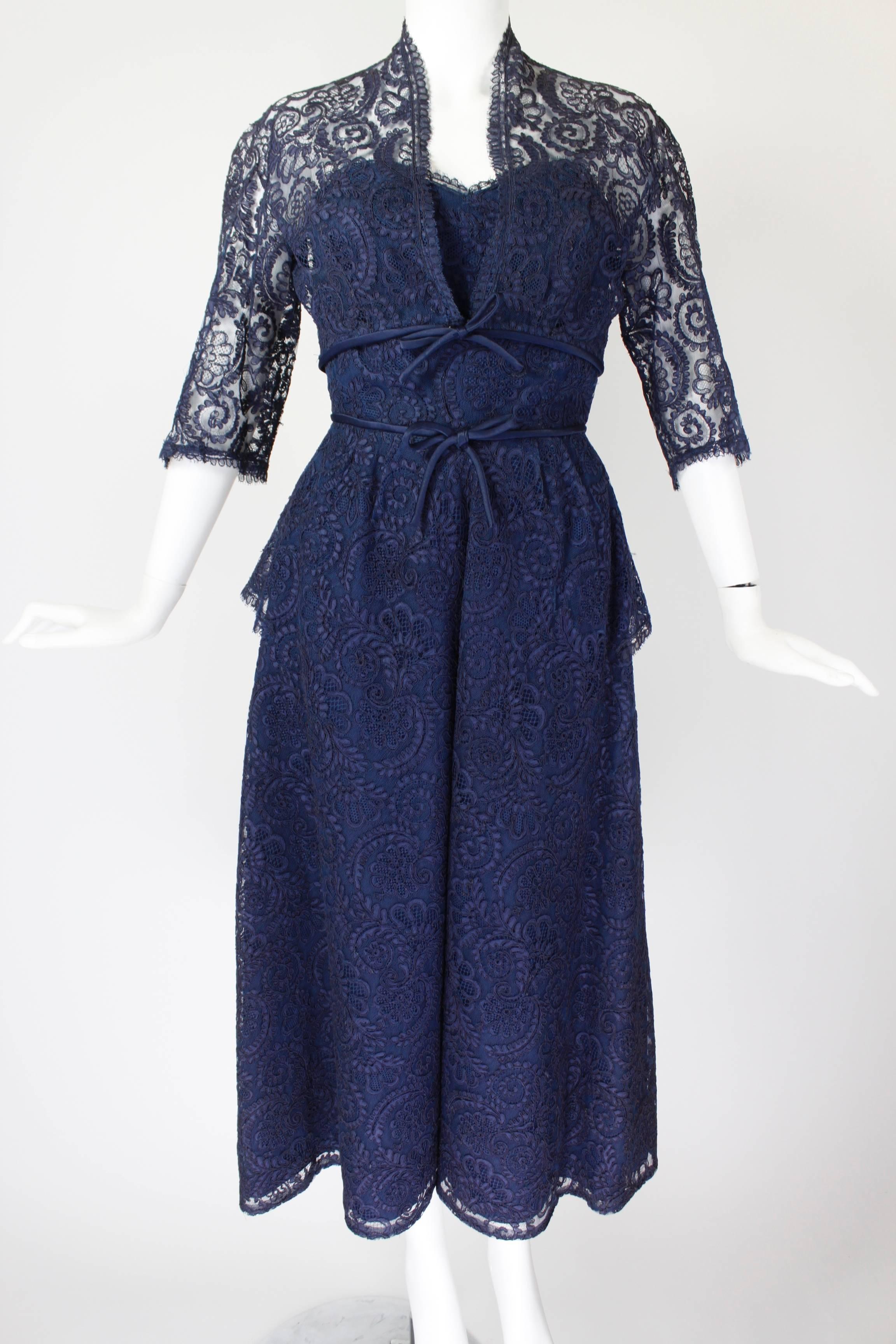 1950s Jean Desses Haute Couture Navy Guipure Lace Cocktail Dress For Sale 2